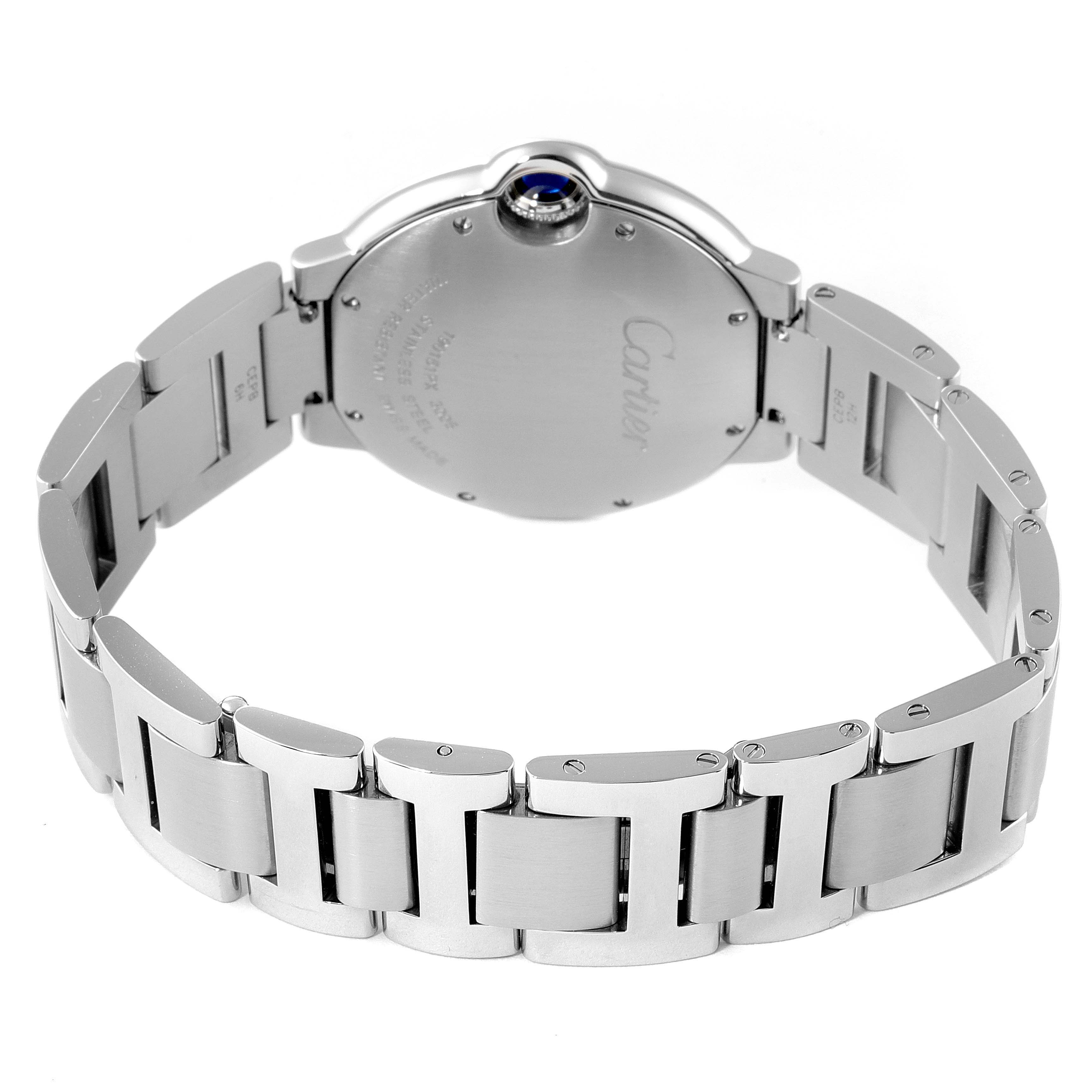 The image shows the back and bracelet of the Cartier Ballon Bleu W69011Z4 Men
s Stainless Steel Silver Dial W69011Z4 Men
s Stainless Steel Silver Dial watch at a slight rear angle.