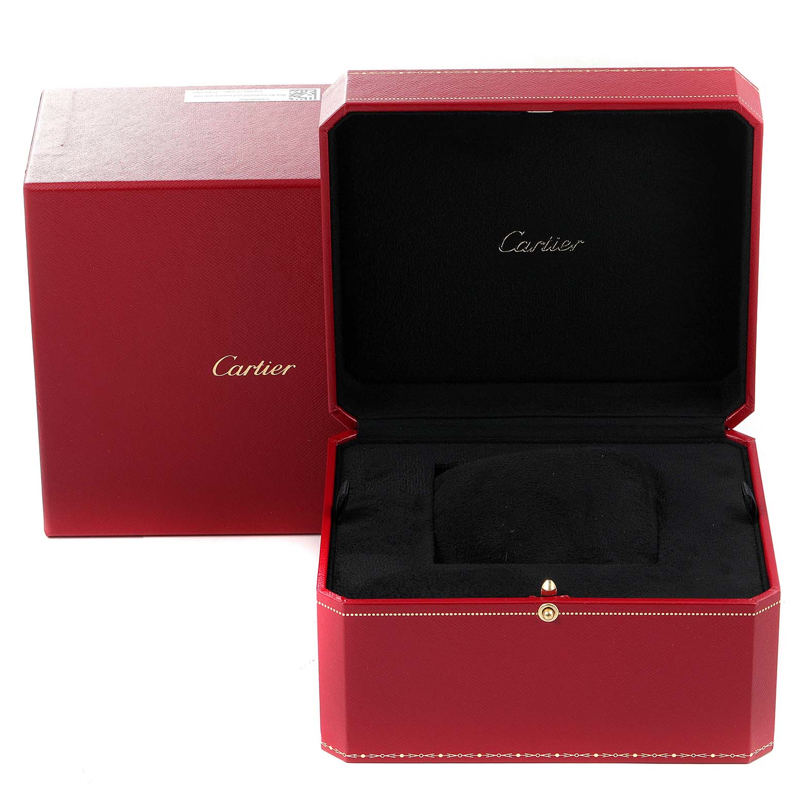 The image shows the red outer box and open display box for the Ballon Bleu model by Cartier.
