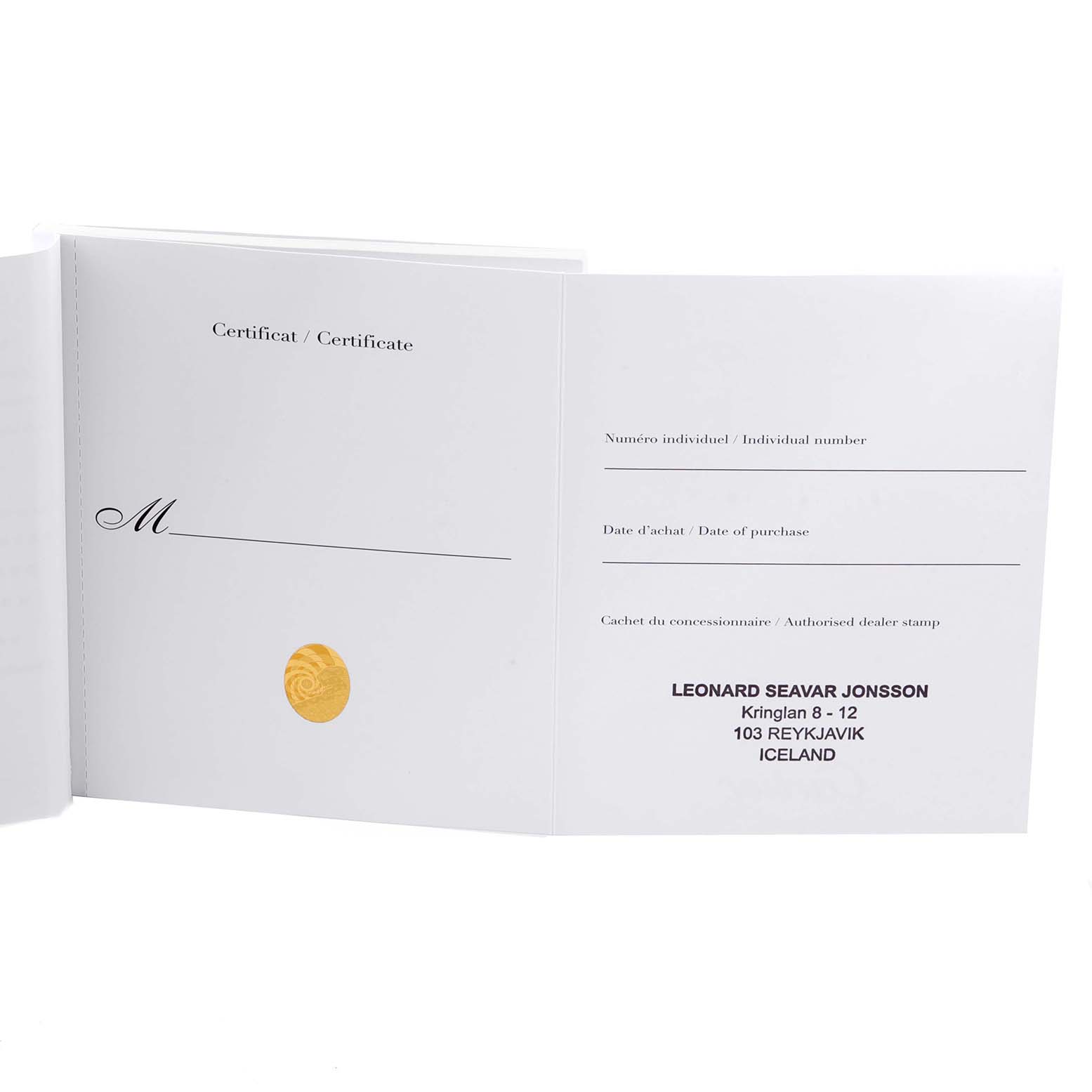 The image shows an open warranty booklet for a Cartier Ballon Bleu W2BB0012 Men's Steel and Gold (two tone) Silver Dial W2BB0012 Men's Steel and Gold (two tone) Silver Dial watch, including fields for individual number, date of purchase, and dealer stamp.