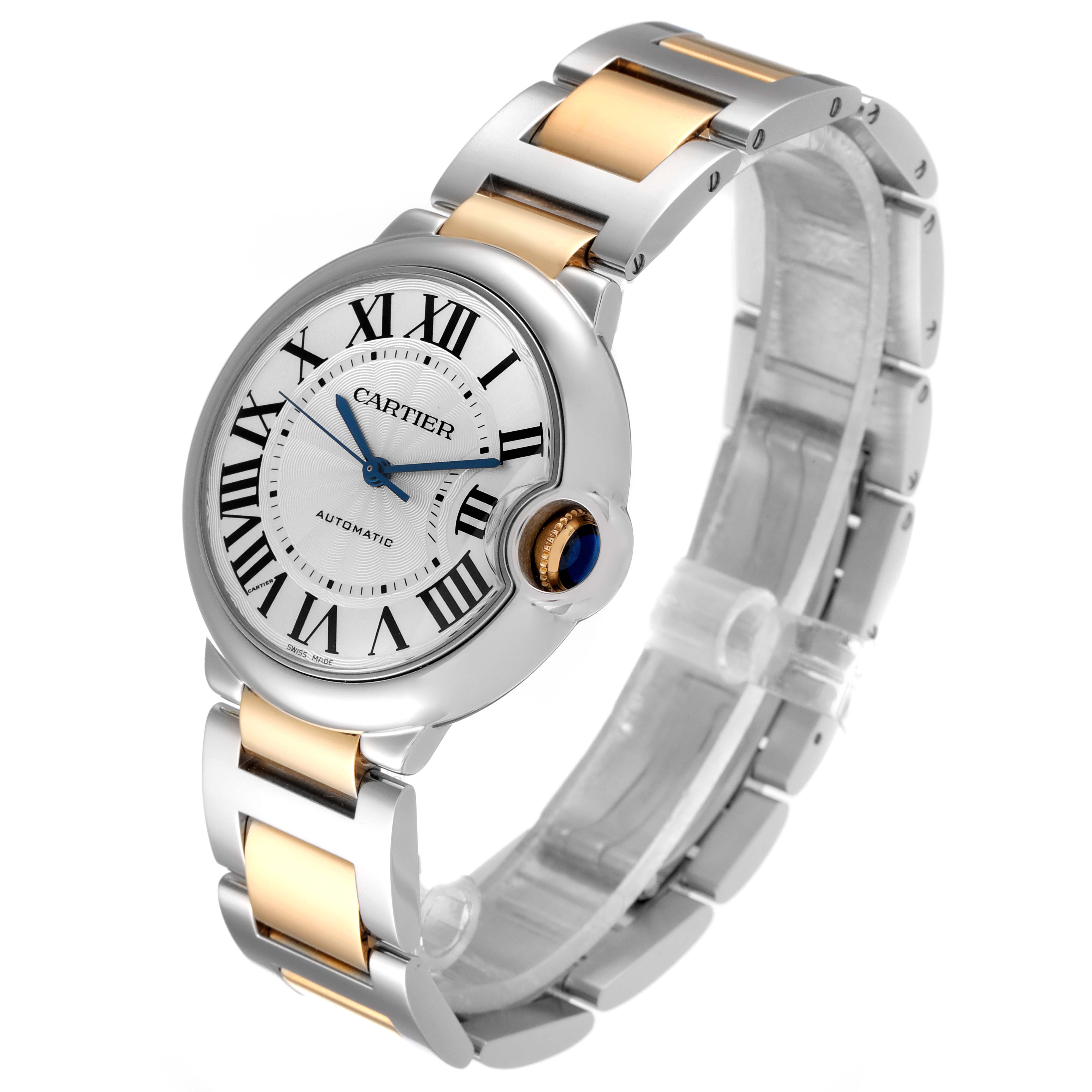 This image showcases a Cartier Ballon Bleu W2BB0012 Men's Steel and Gold (two tone) Silver Dial W2BB0012 Men's Steel and Gold (two tone) Silver Dial watch at a three-quarter angle, highlighting its two-tone bracelet and elegant dial.