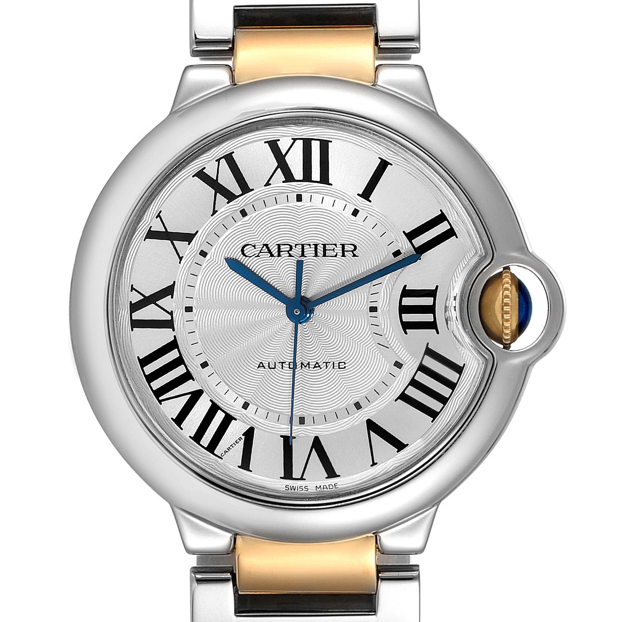 The image shows a frontal view of the Cartier Ballon Bleu W2BB0012 Men's Steel and Gold (two tone) Silver Dial W2BB0012 Men's Steel and Gold (two tone) Silver Dial watch, highlighting its face, Roman numerals, and blue hands.