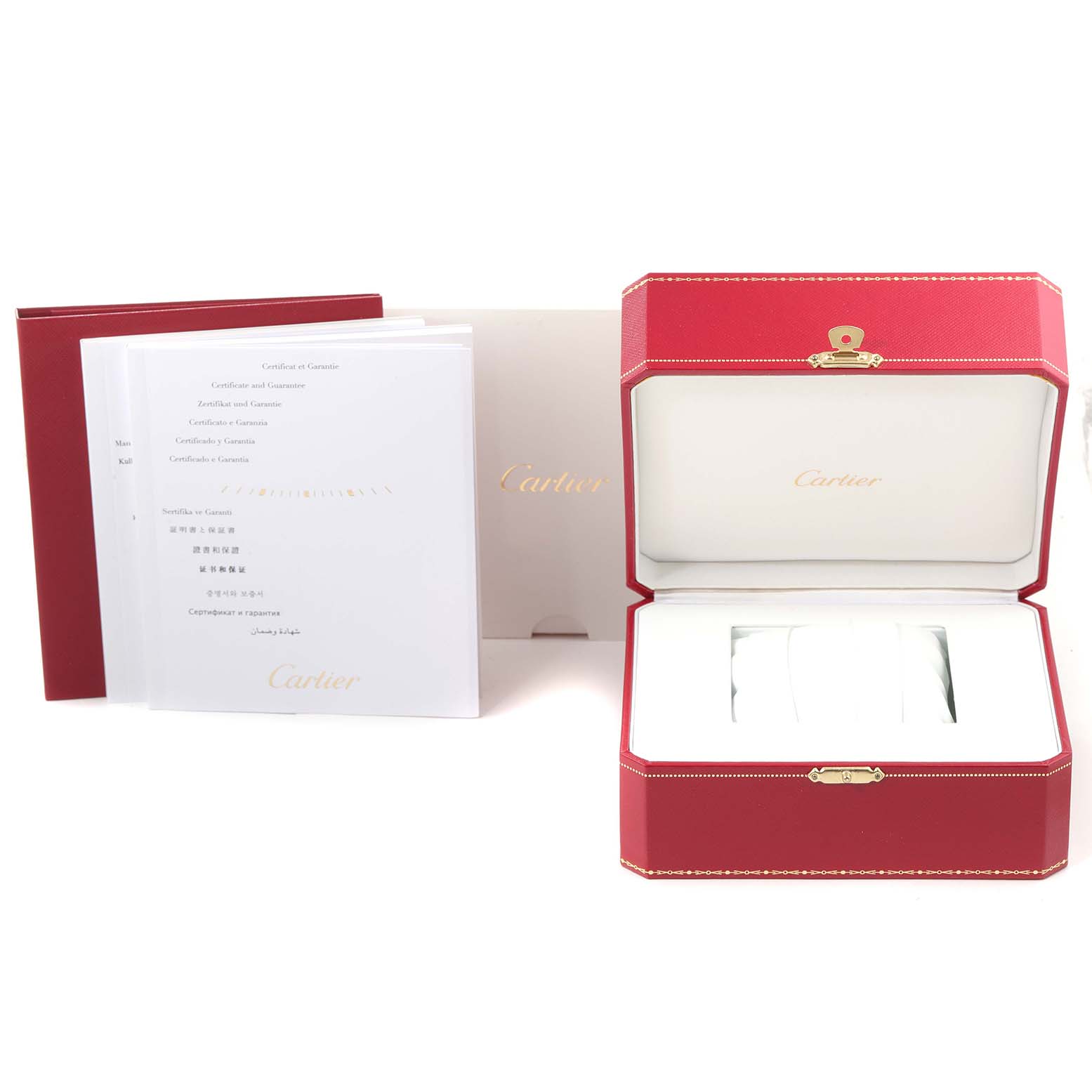 This image shows the packaging and documentation for a Cartier Ballon Bleu W2BB0012 Men's Steel and Gold (two tone) Silver Dial W2BB0012 Men's Steel and Gold (two tone) Silver Dial watch, including the red watch box and warranty certificate.