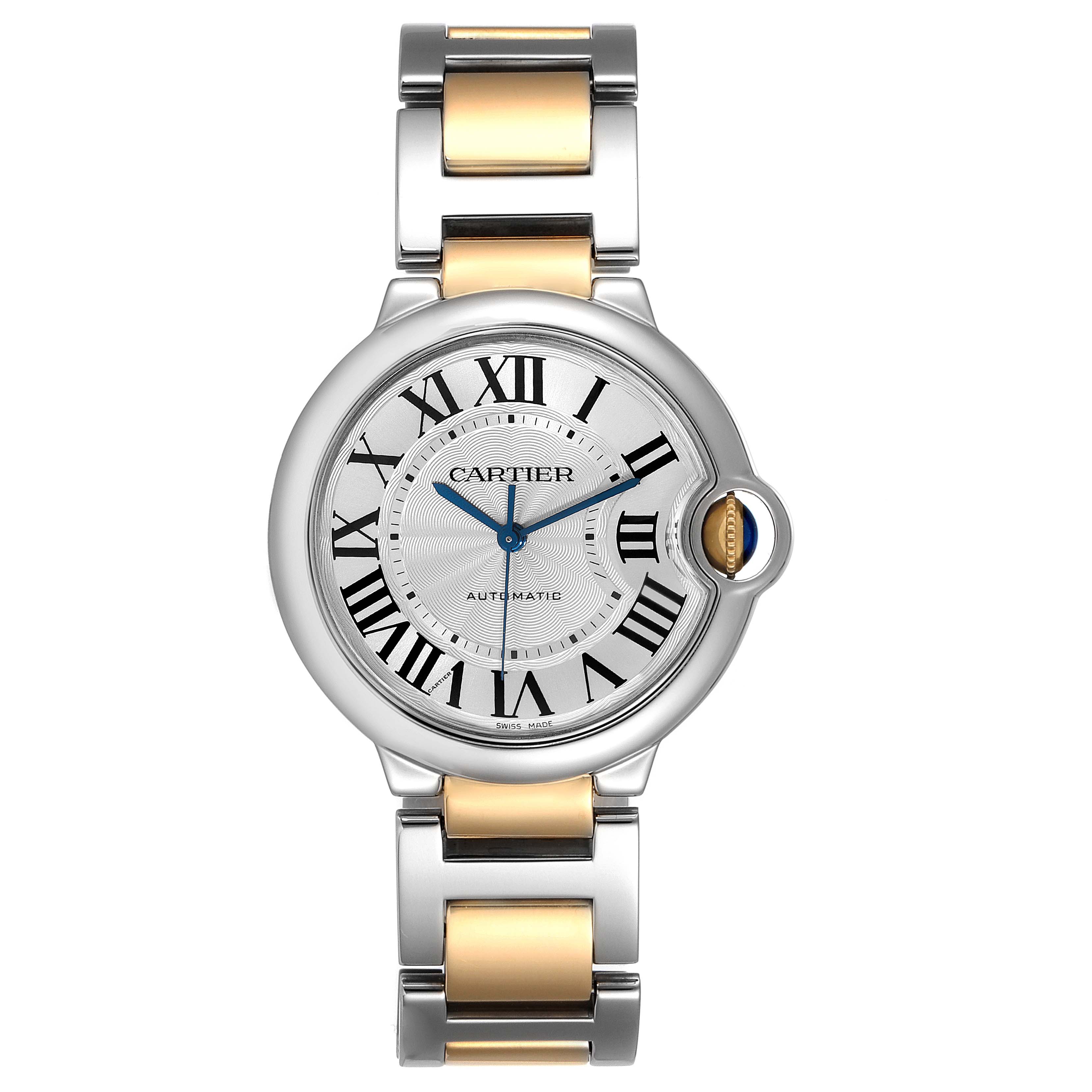 The image shows a front view of a Cartier Ballon Bleu W2BB0012 Men's Steel and Gold (two tone) Silver Dial W2BB0012 Men's Steel and Gold (two tone) Silver Dial watch, highlighting its dial, bezel, and two-tone bracelet.