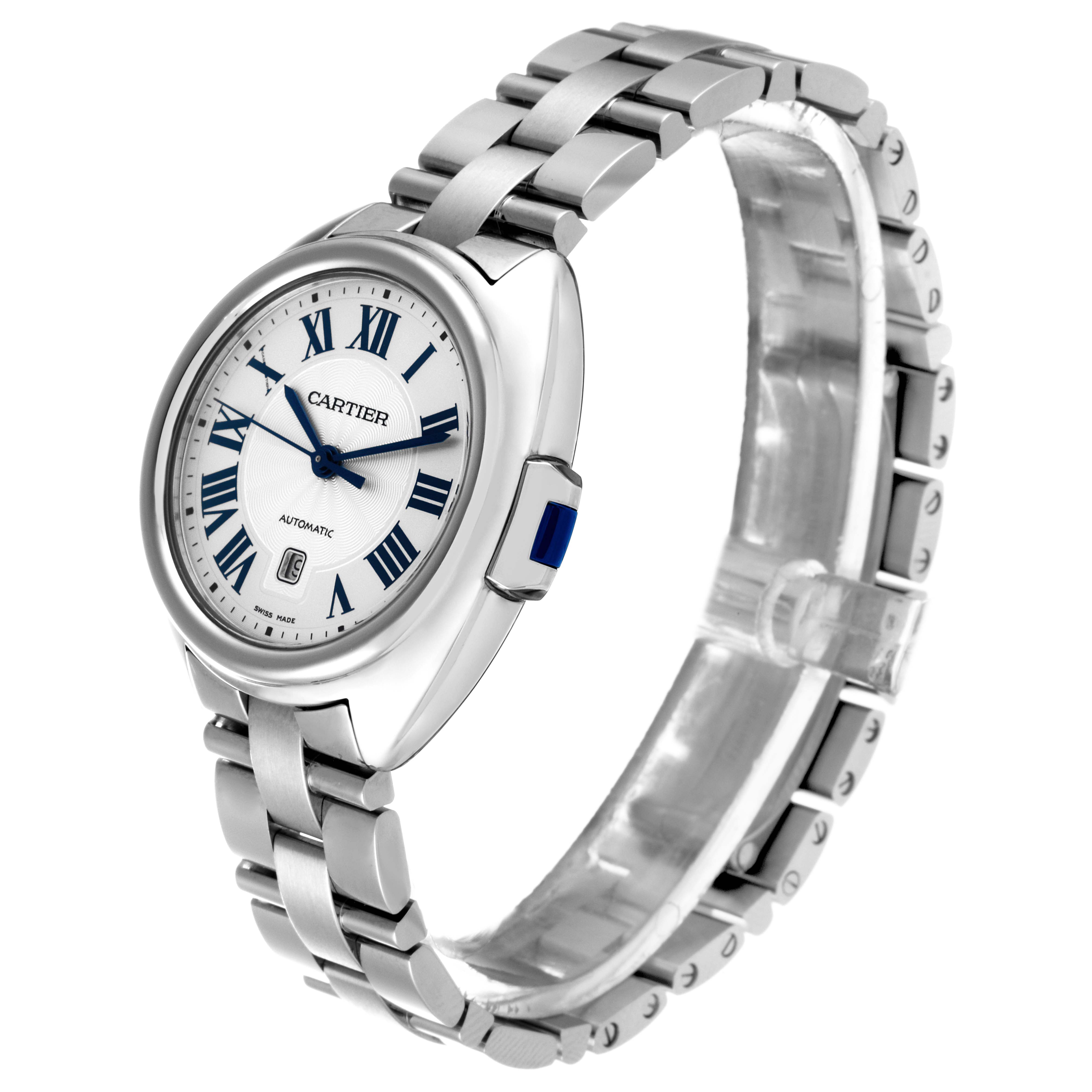 This image shows a Cartier Cle WSCL0005 Women's Stainless Steel Blue Dial WSCL0005 Women's Stainless Steel Blue Dial model watch, featuring a side angle displaying the face, bracelet, and crown.