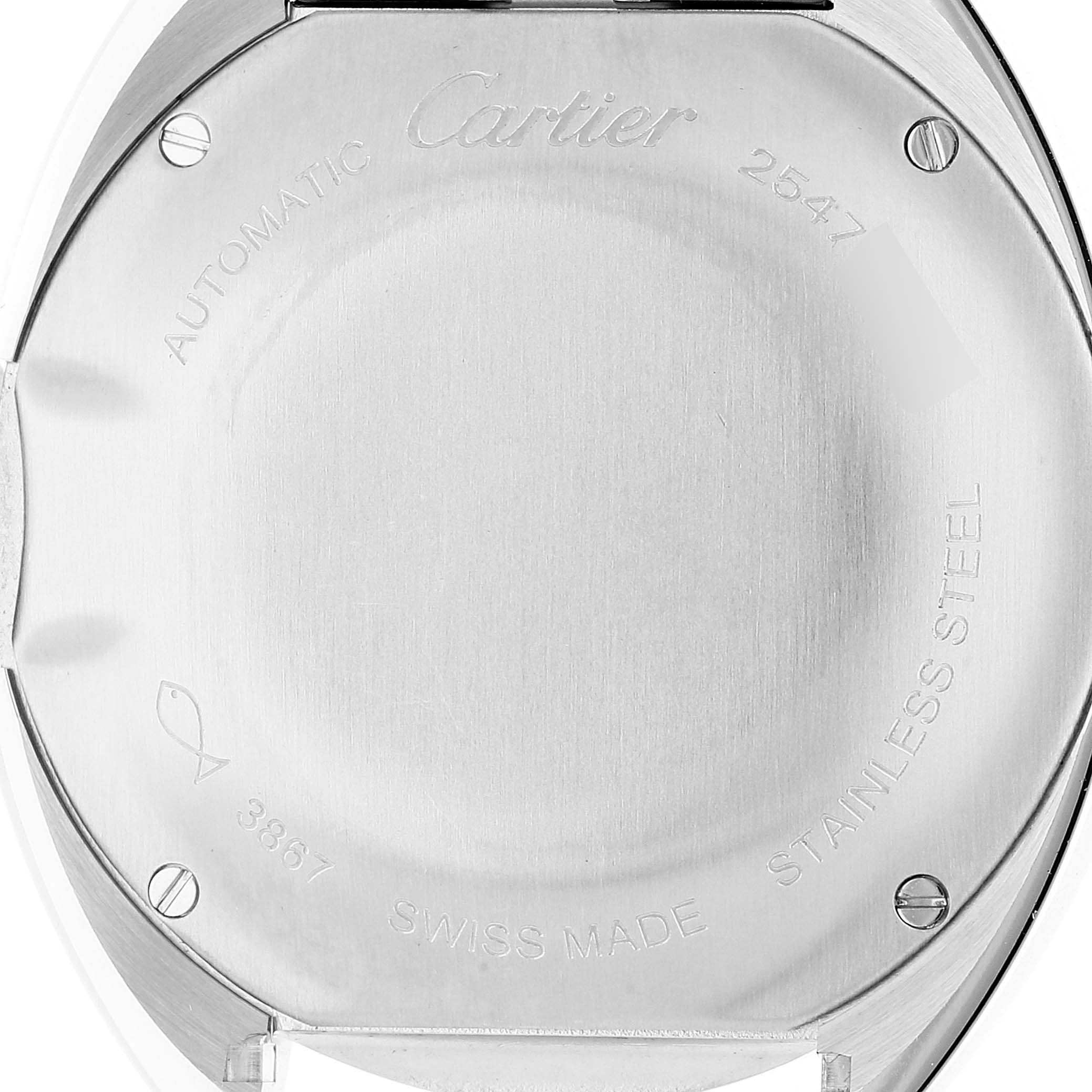 The image shows the back case of a Cartier Clé watch, highlighting engravings and screws.