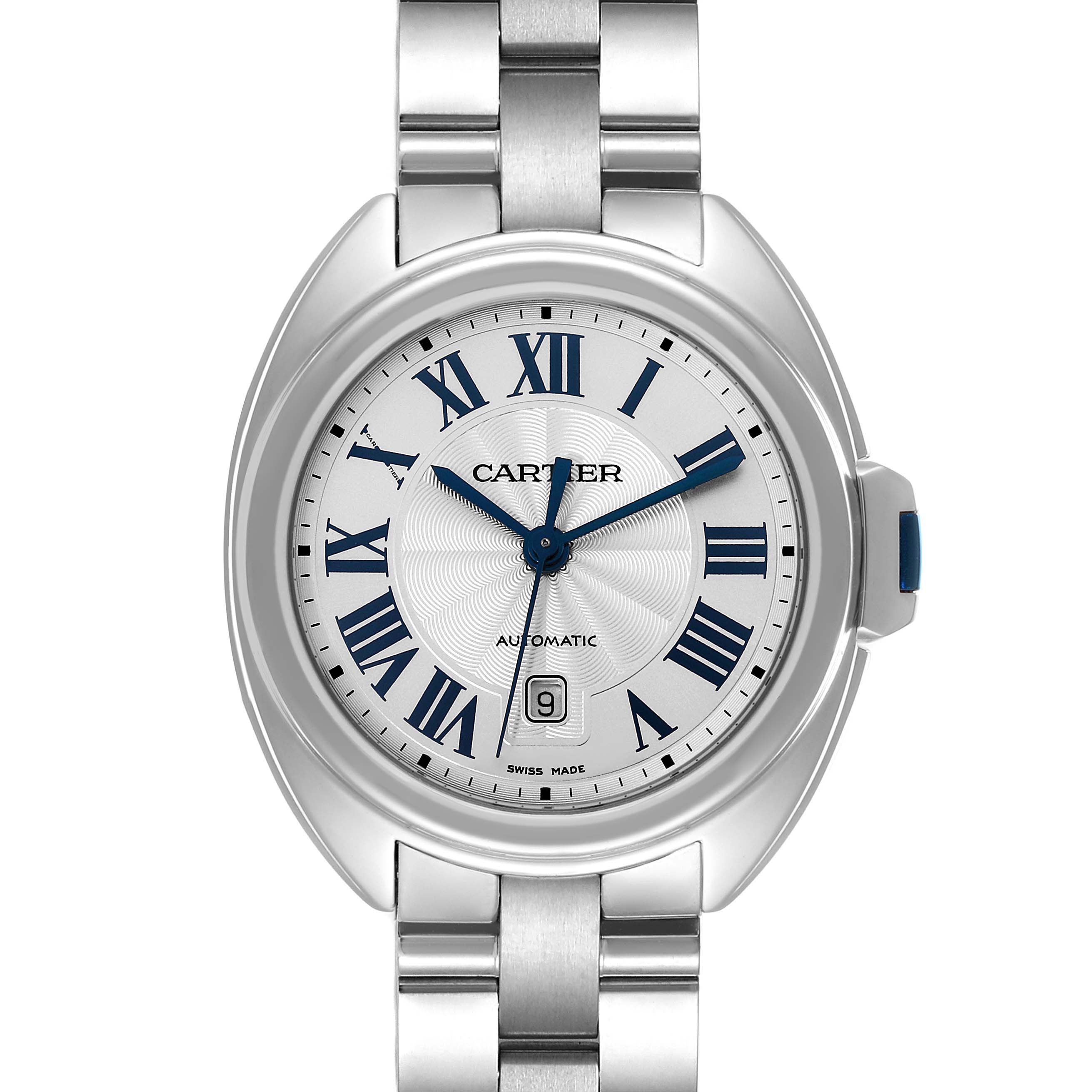 This image shows a front view of the Cartier Cle WSCL0005 Women's Stainless Steel Blue Dial WSCL0005 Women's Stainless Steel Blue Dial model, highlighting its face, bracelet, and crown.