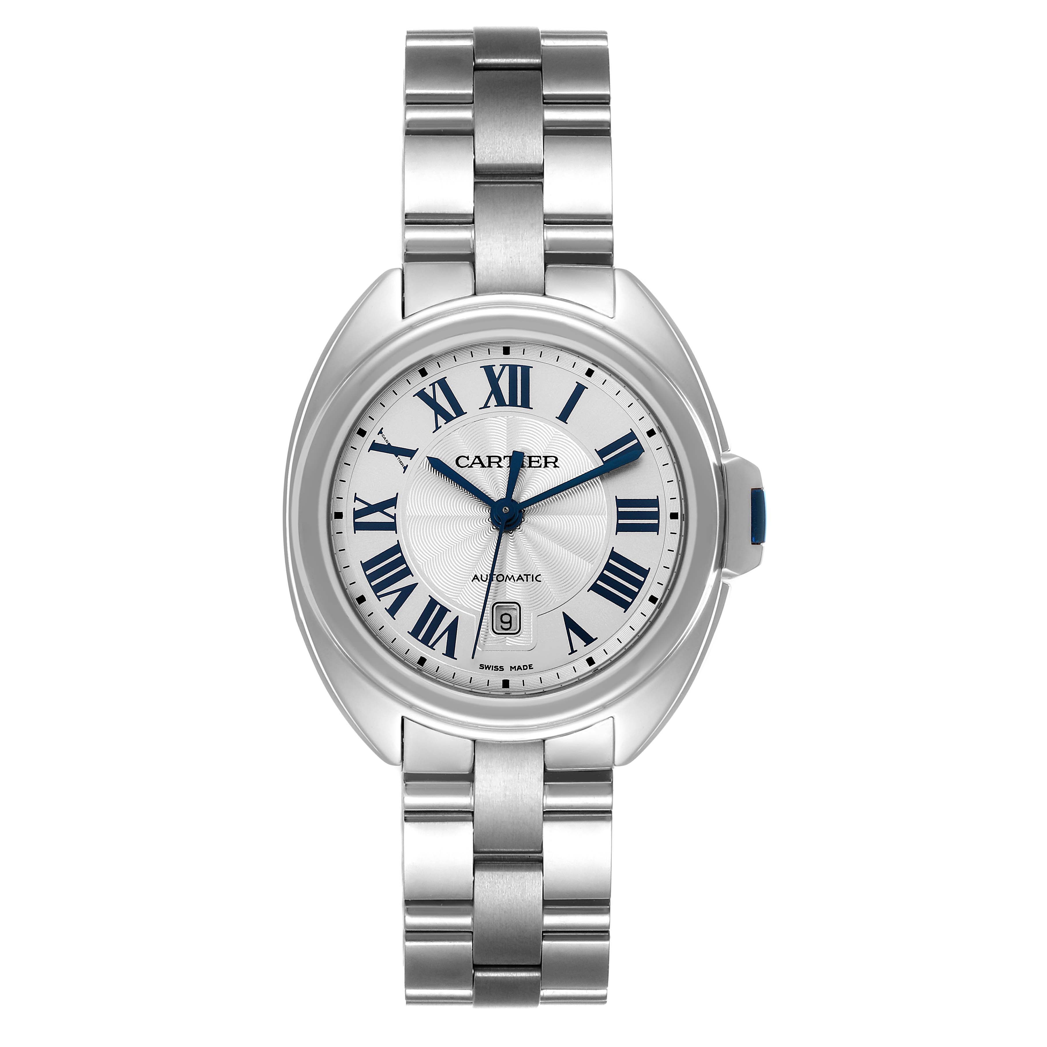 The image shows a Cartier Cle WSCL0005 Women's Stainless Steel Blue Dial WSCL0005 Women's Stainless Steel Blue Dial model watch, with a face-on angle highlighting its dial, hands, and metal strap.