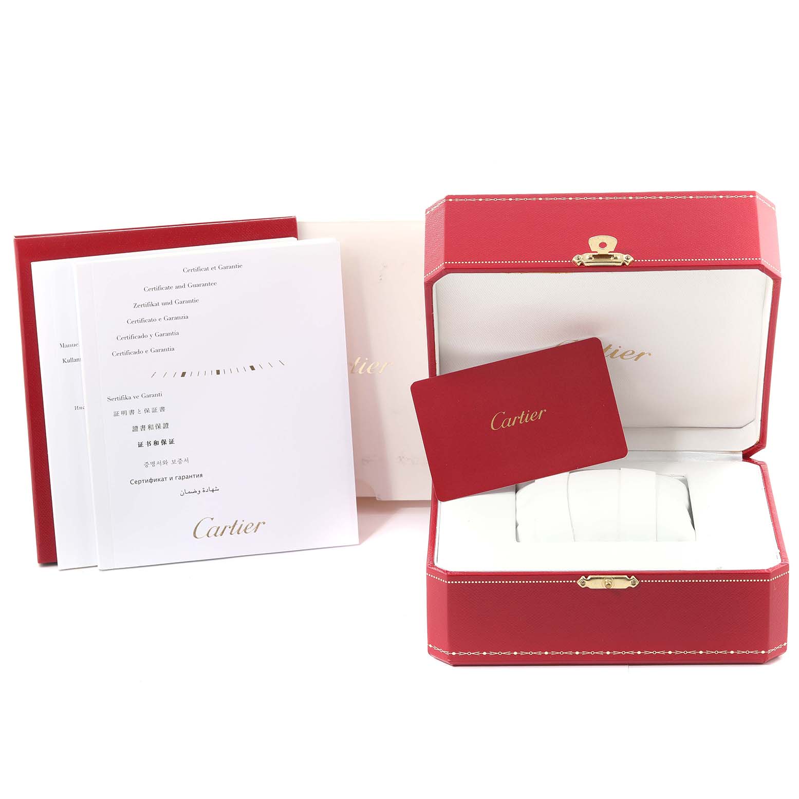 The image shows packaging and accessories for the Cartier Cle WSCL0005 Women's Stainless Steel Blue Dial WSCL0005 Women's Stainless Steel Blue Dial model watch, including a red box, certificates, and a card.