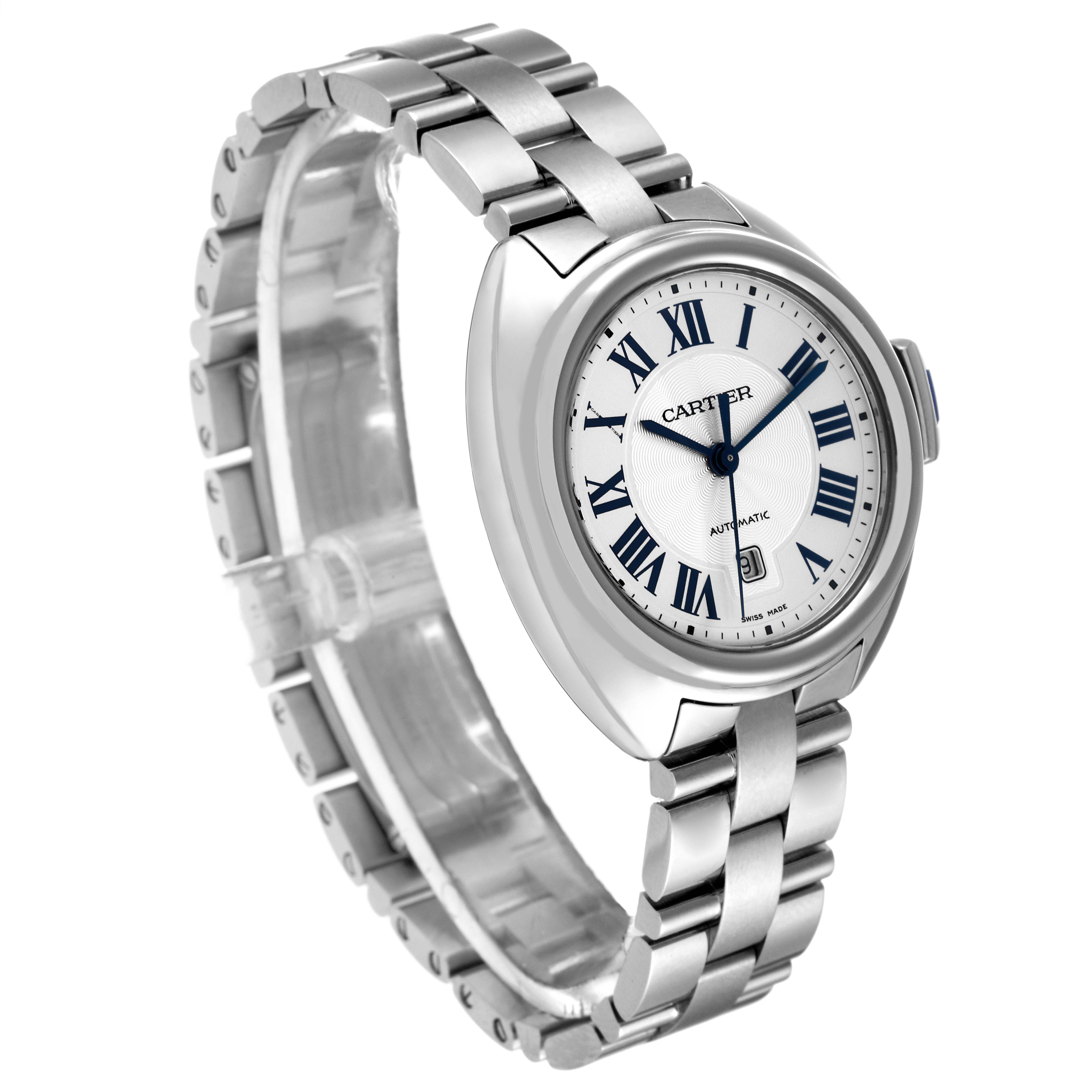 This image shows a Cartier Cle WSCL0005 Women's Stainless Steel Blue Dial WSCL0005 Women's Stainless Steel Blue Dial model watch at a front angle, highlighting its face, bracelet, and clasp.