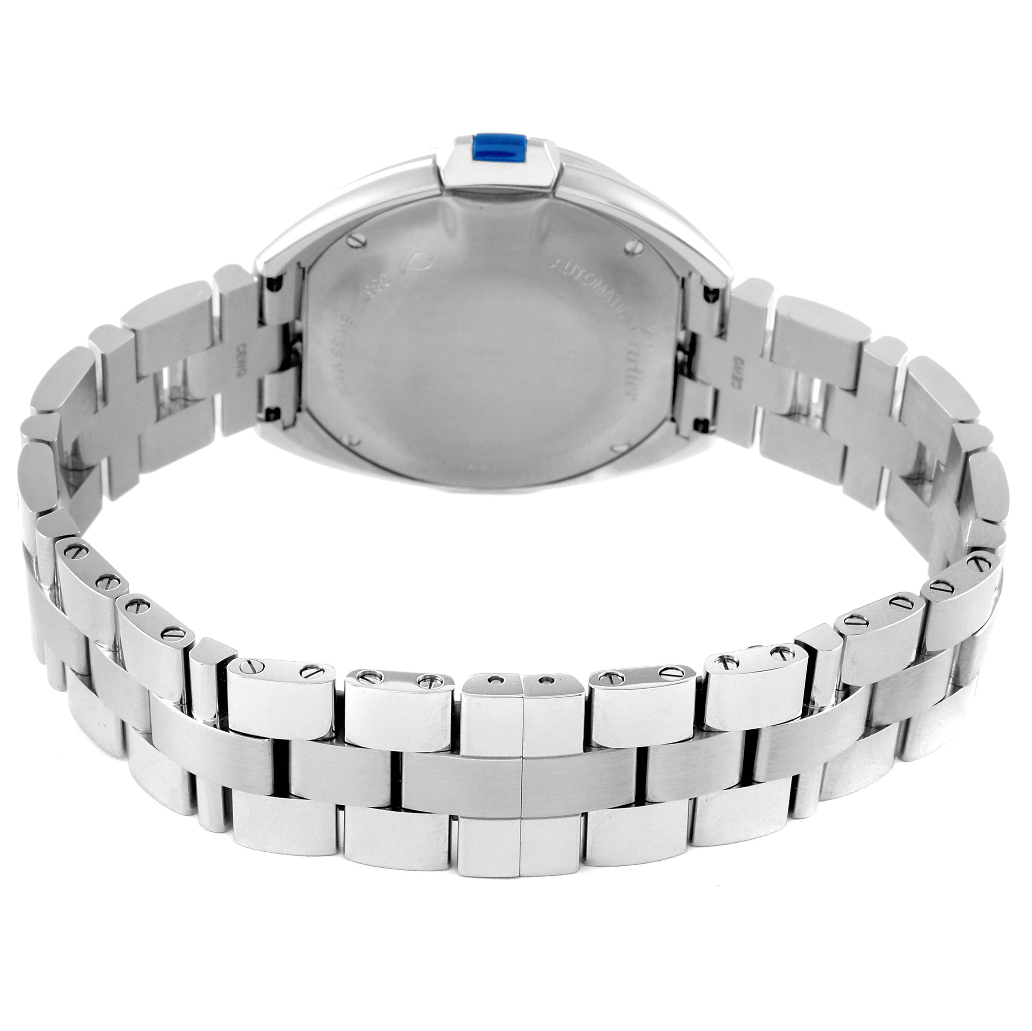 This image shows the back case and bracelet of a Cartier Cle WSCL0005 Women's Stainless Steel Blue Dial WSCL0005 Women's Stainless Steel Blue Dial watch.