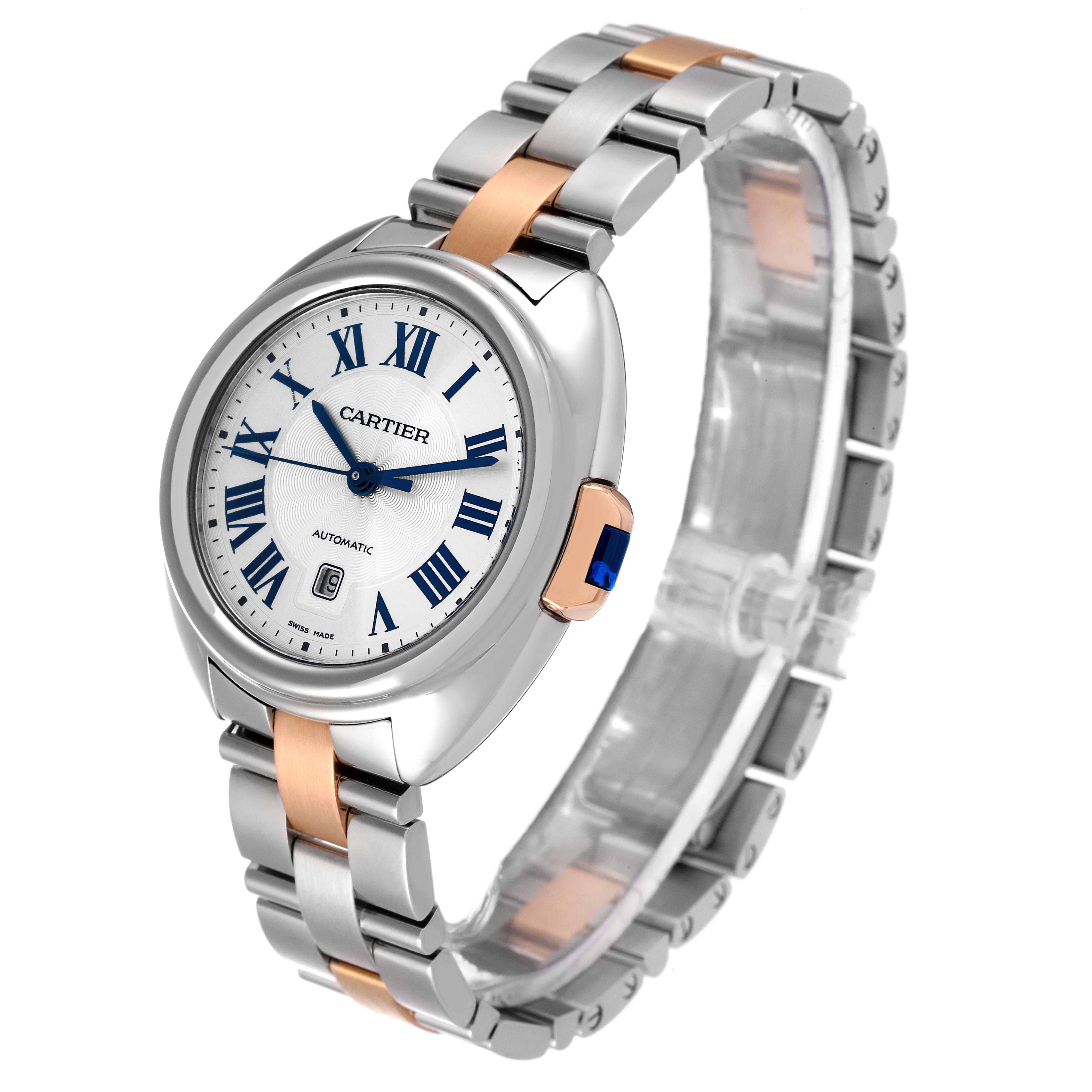 The Cartier Cle W2CL0004 Women's Steel and Gold (two tone) Silver Dial W2CL0004 Women's Steel and Gold (two tone) Silver Dial watch is shown at a tilted angle displaying the face, bracelet, and partial side view.