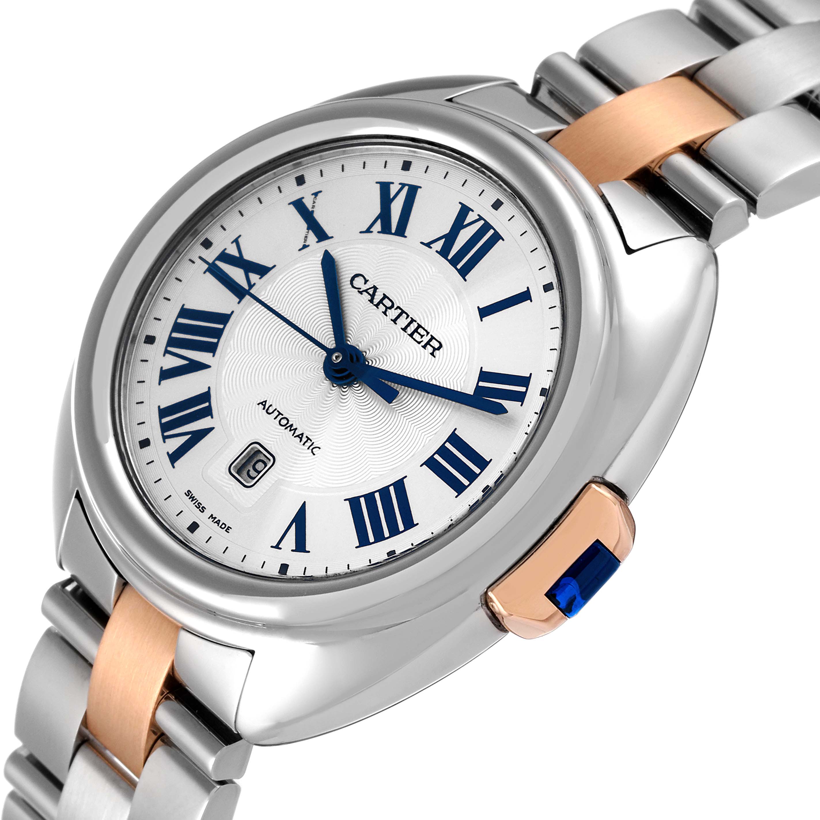 This image shows a Cle de Cartier watch at a slight angle, featuring the face, crown, and part of the bracelet.