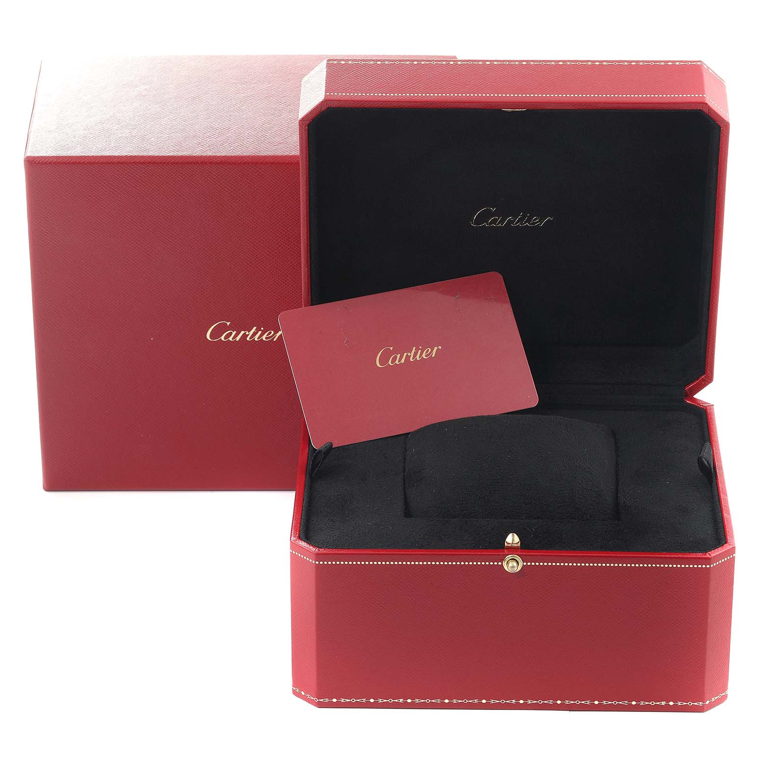The image shows an open Cartier Cle W2CL0004 Women's Steel and Gold (two tone) Silver Dial W2CL0004 Women's Steel and Gold (two tone) Silver Dial model watch box, displaying its fancy red exterior, black interior, and an included card.