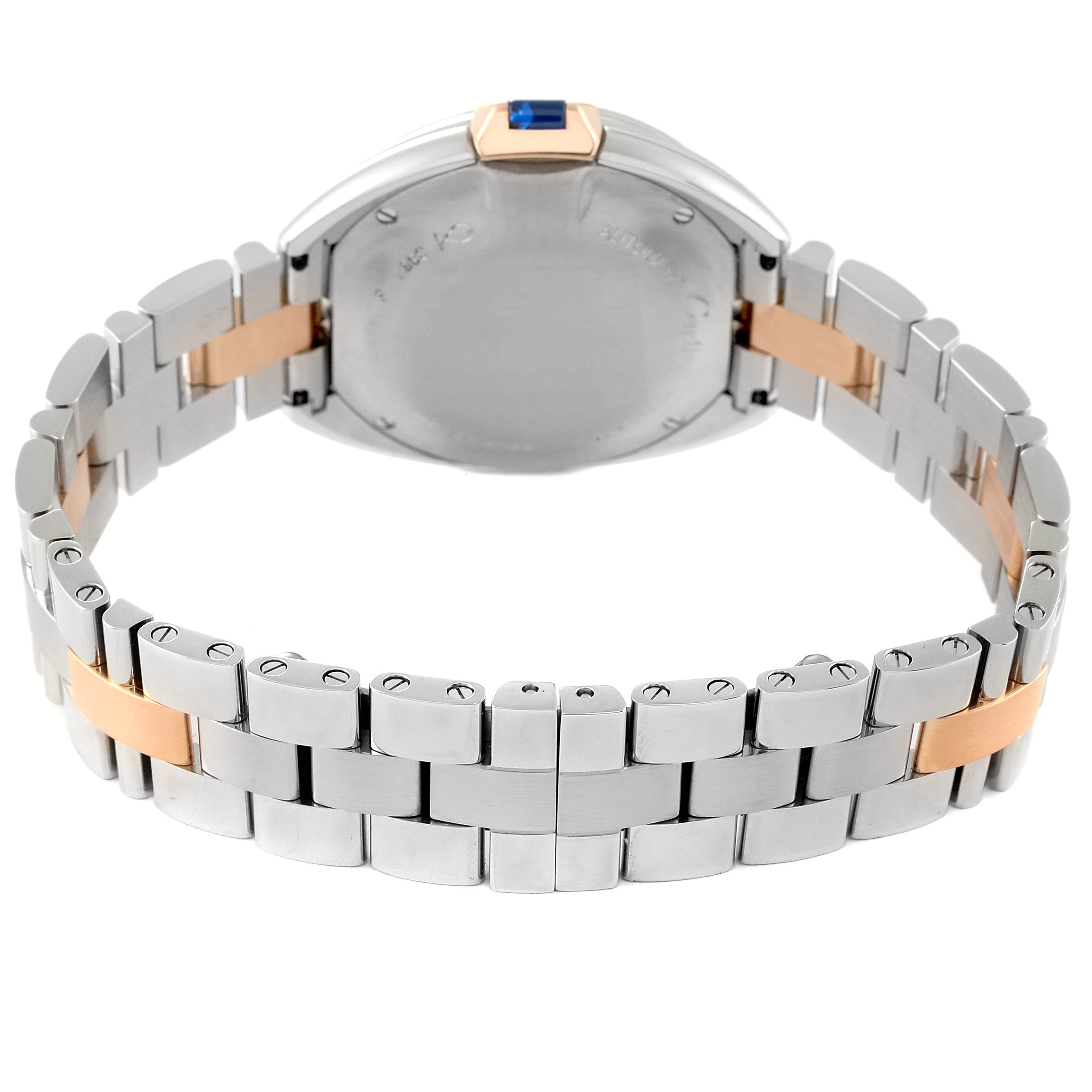 This image shows the back case and bracelet of a Cartier Cle W2CL0004 Women's Steel and Gold (two tone) Silver Dial W2CL0004 Women's Steel and Gold (two tone) Silver Dial model watch, emphasizing its dual-tone metal design and clasp.