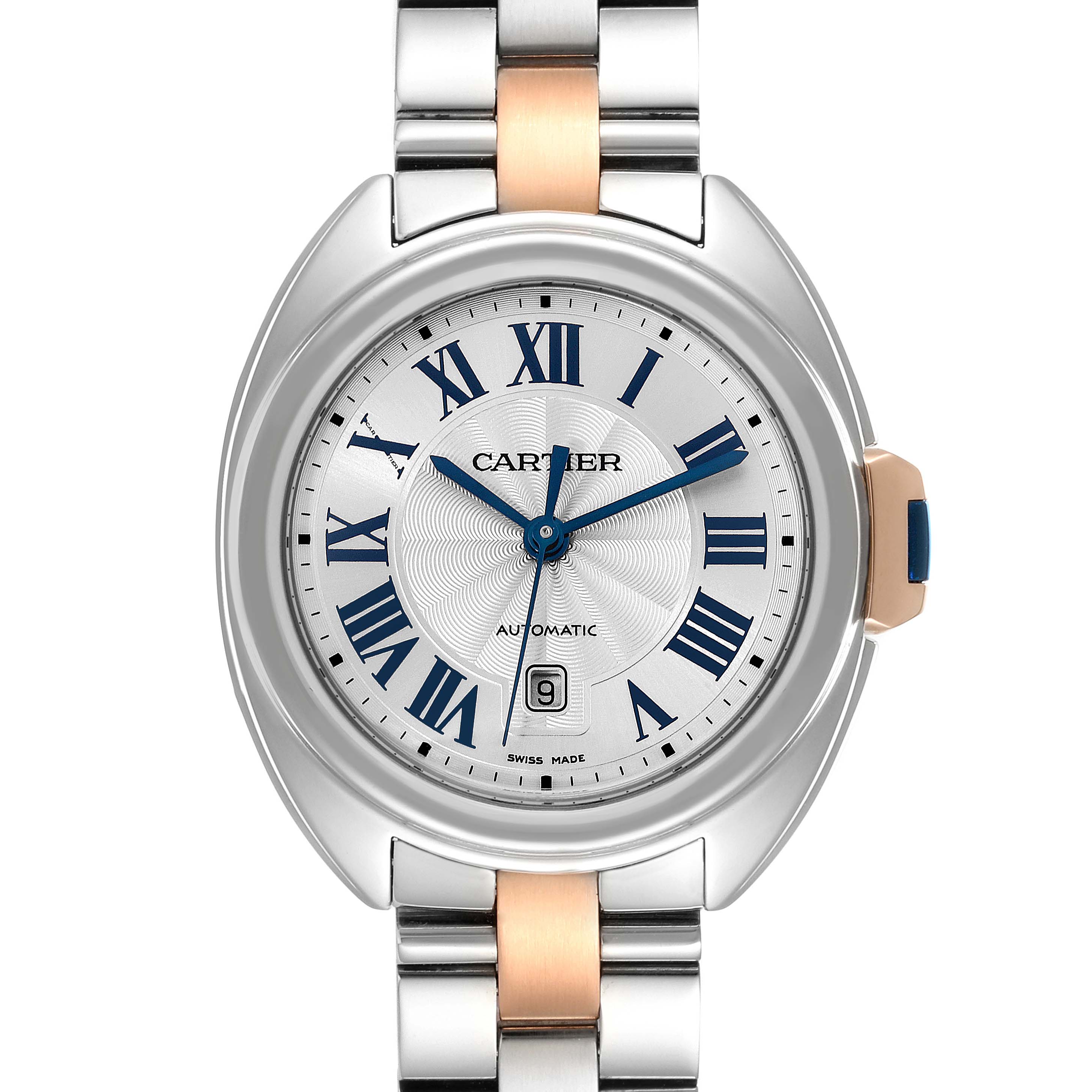 The image shows the front face and partial band of a Cartier Cle W2CL0004 Women's Steel and Gold (two tone) Silver Dial W2CL0004 Women's Steel and Gold (two tone) Silver Dial watch, highlighting the dial, roman numerals, and bracelet.
