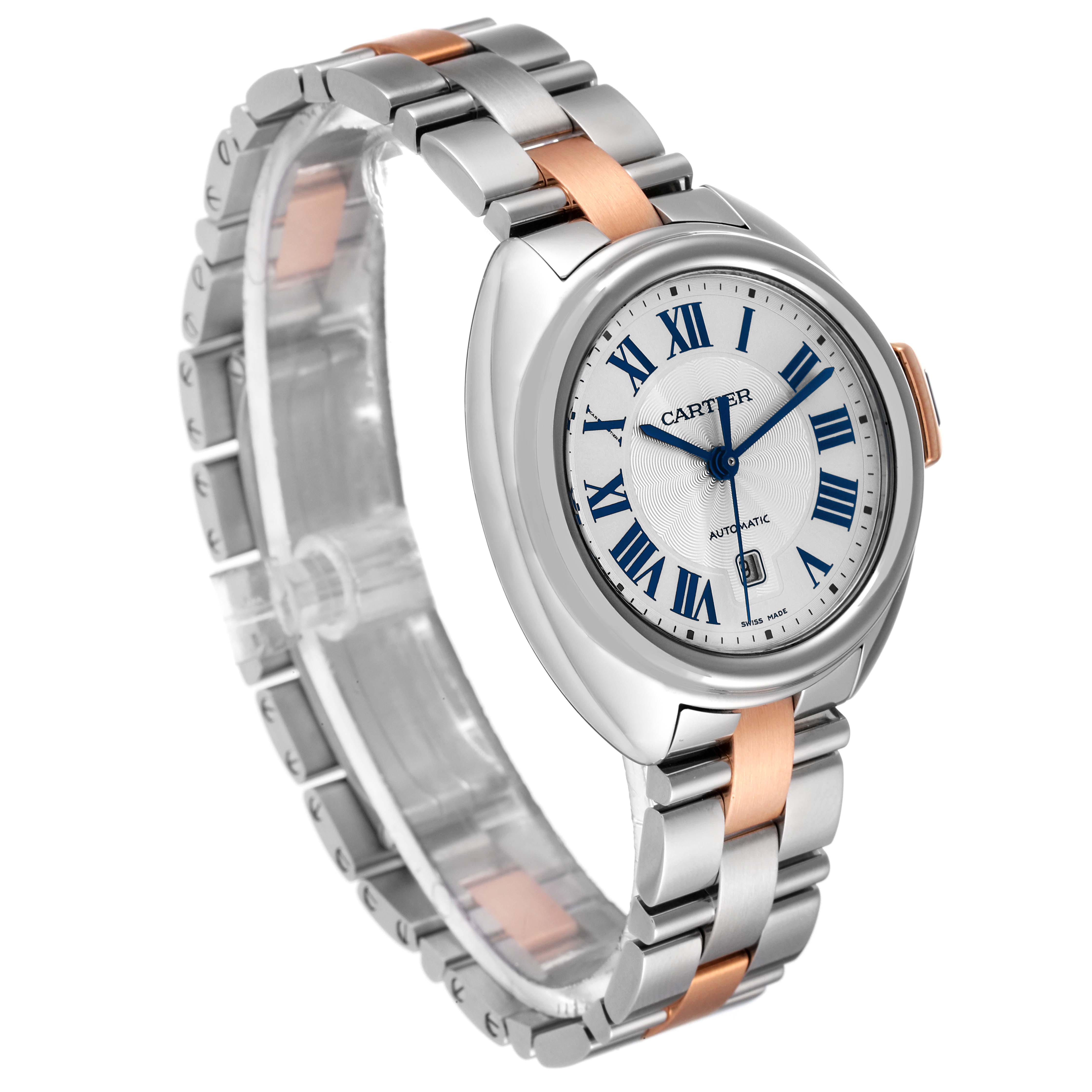 The Cle de Cartier watch is shown at a three-quarter angle displaying the face, bezel, and two-tone stainless steel and rose gold bracelet.