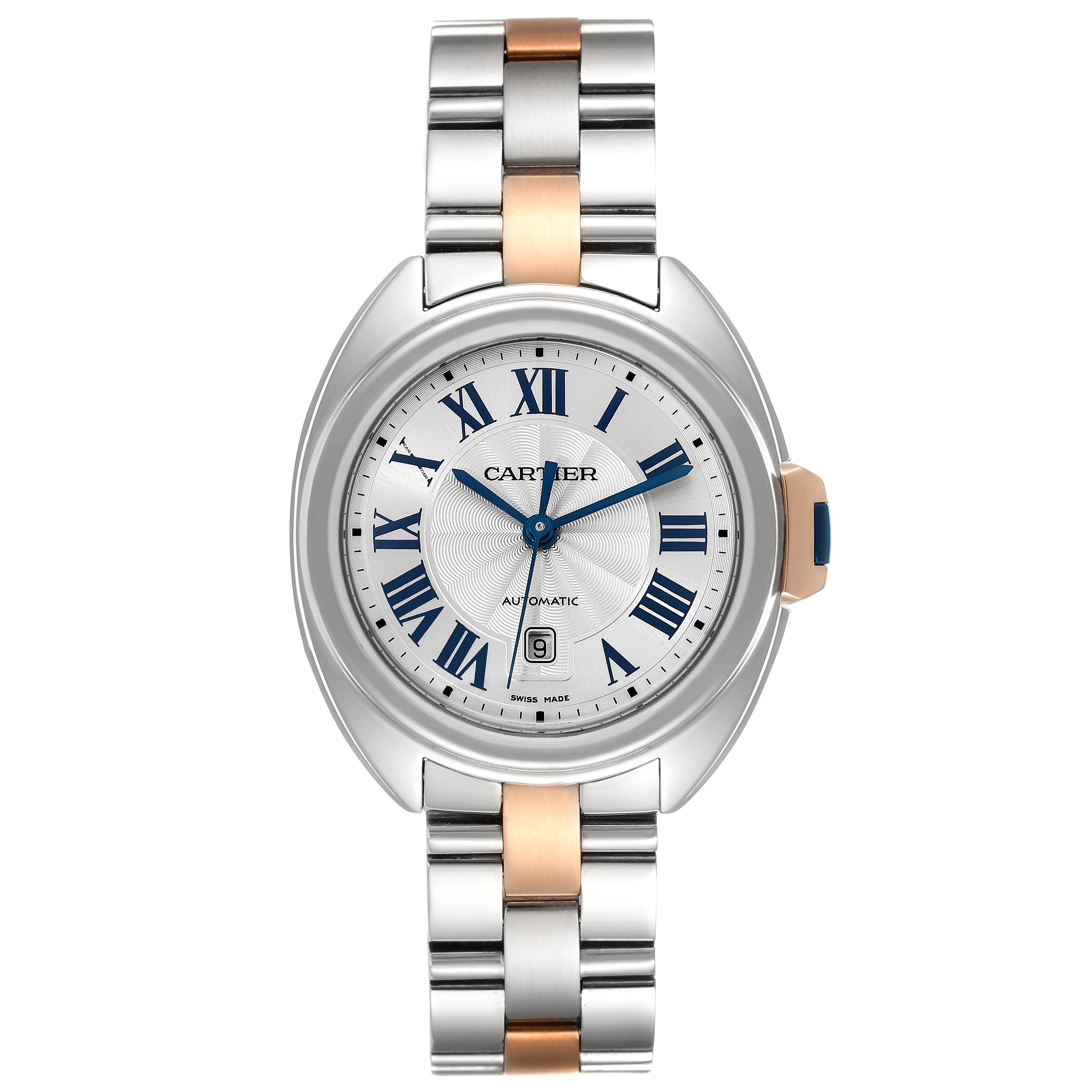 The image shows a front view of the Cartier Clé model watch, displaying its dial, hands, and metal bracelet.