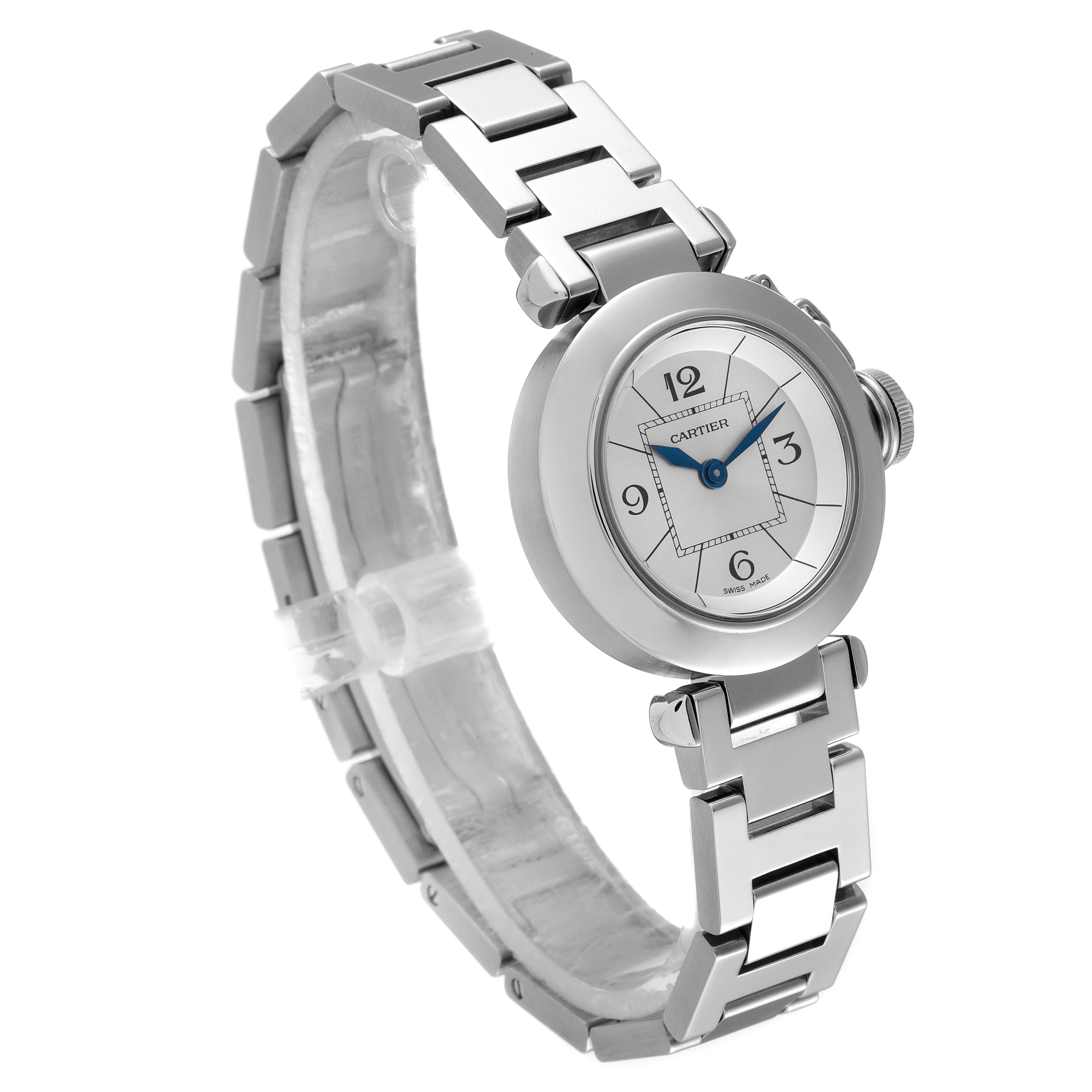 The image shows a Cartier Pasha W3140007 Women's Stainless Steel Silver Dial W3140007 Women's Stainless Steel Silver Dial watch from a slight side angle, highlighting the watch face and metal bracelet.
