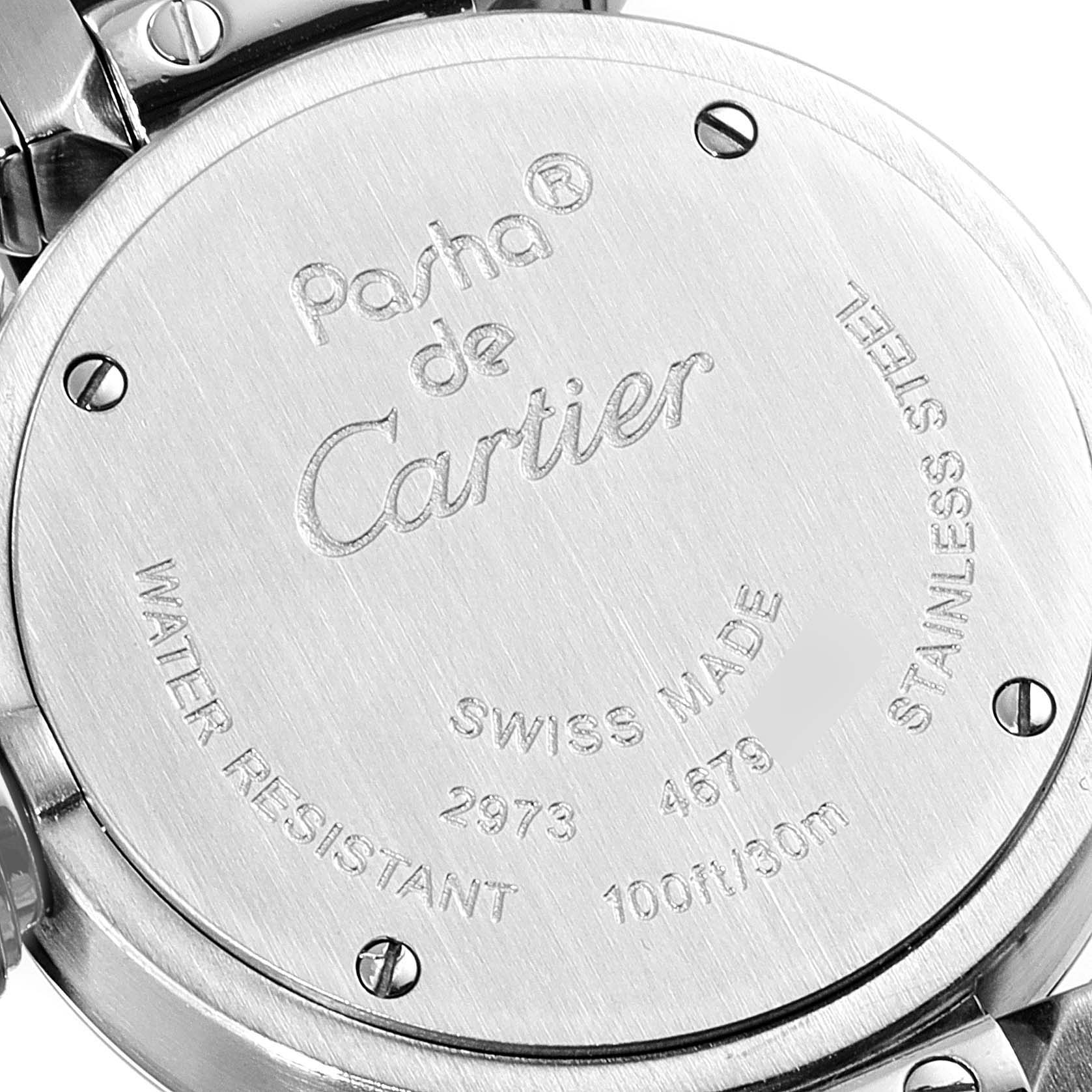 This image shows the back case of the Cartier Pasha W3140007 Women's Stainless Steel Silver Dial W3140007 Women's Stainless Steel Silver Dial watch, detailing its water resistance and stainless steel construction.
