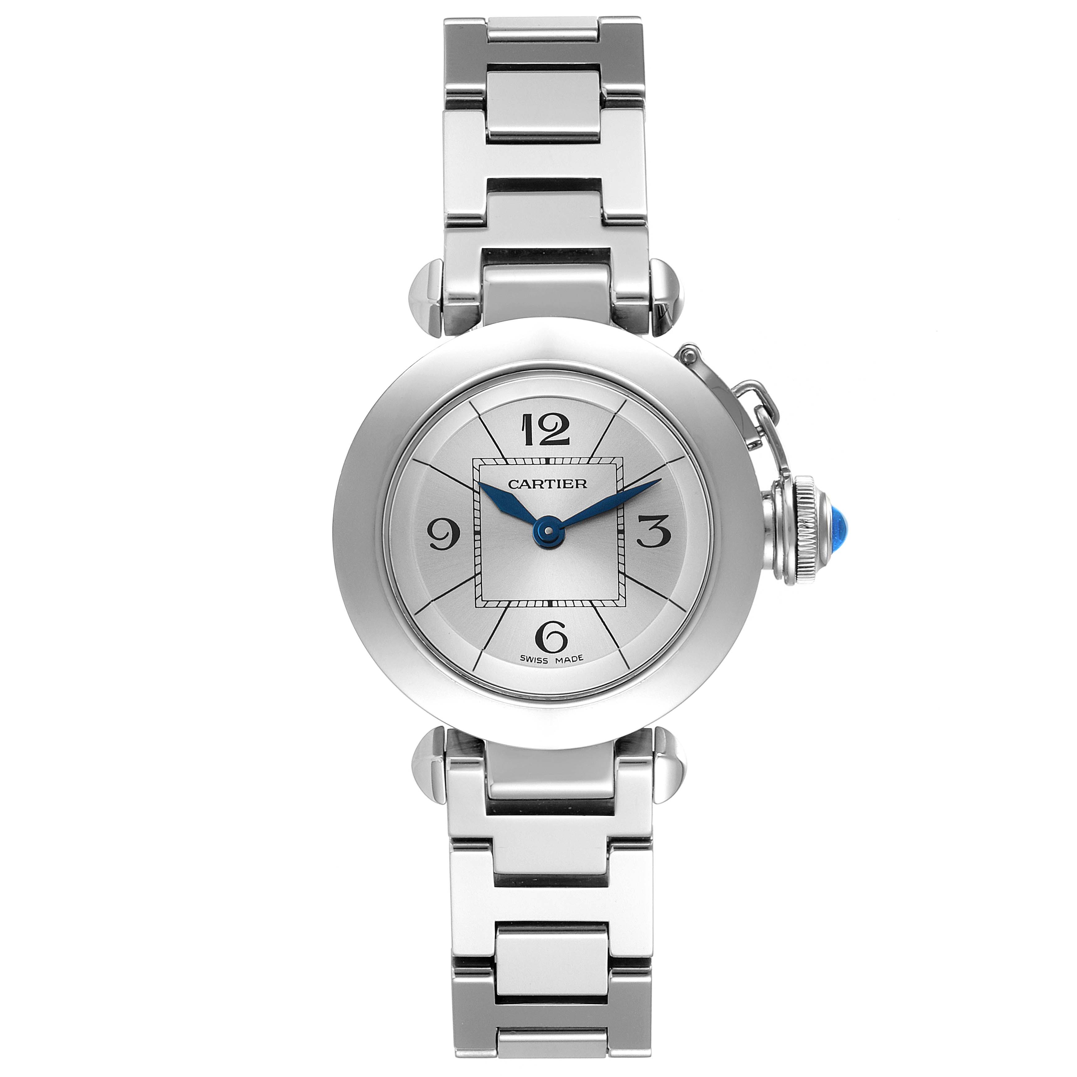 The image shows a frontal view of a Cartier Pasha W3140007 Women's Stainless Steel Silver Dial W3140007 Women's Stainless Steel Silver Dial model watch, highlighting its face, hands, bezel, and bracelet.