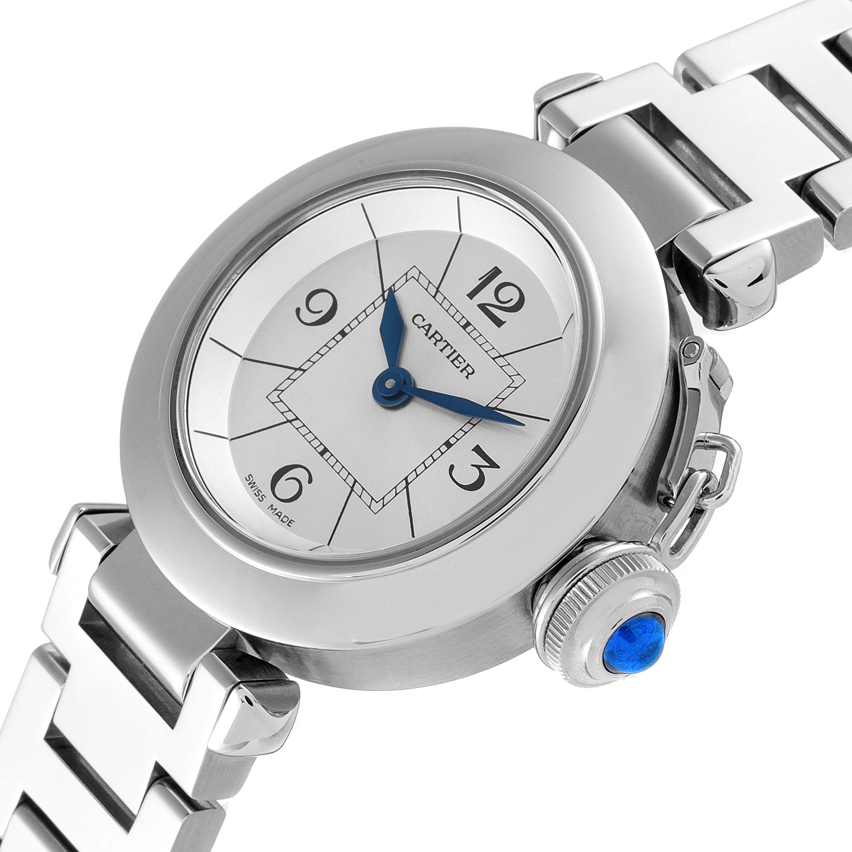 This image shows a close-up angled view of the Cartier Pasha W3140007 Women's Stainless Steel Silver Dial W3140007 Women's Stainless Steel Silver Dial watch, highlighting the dial, crown, and part of the bracelet.