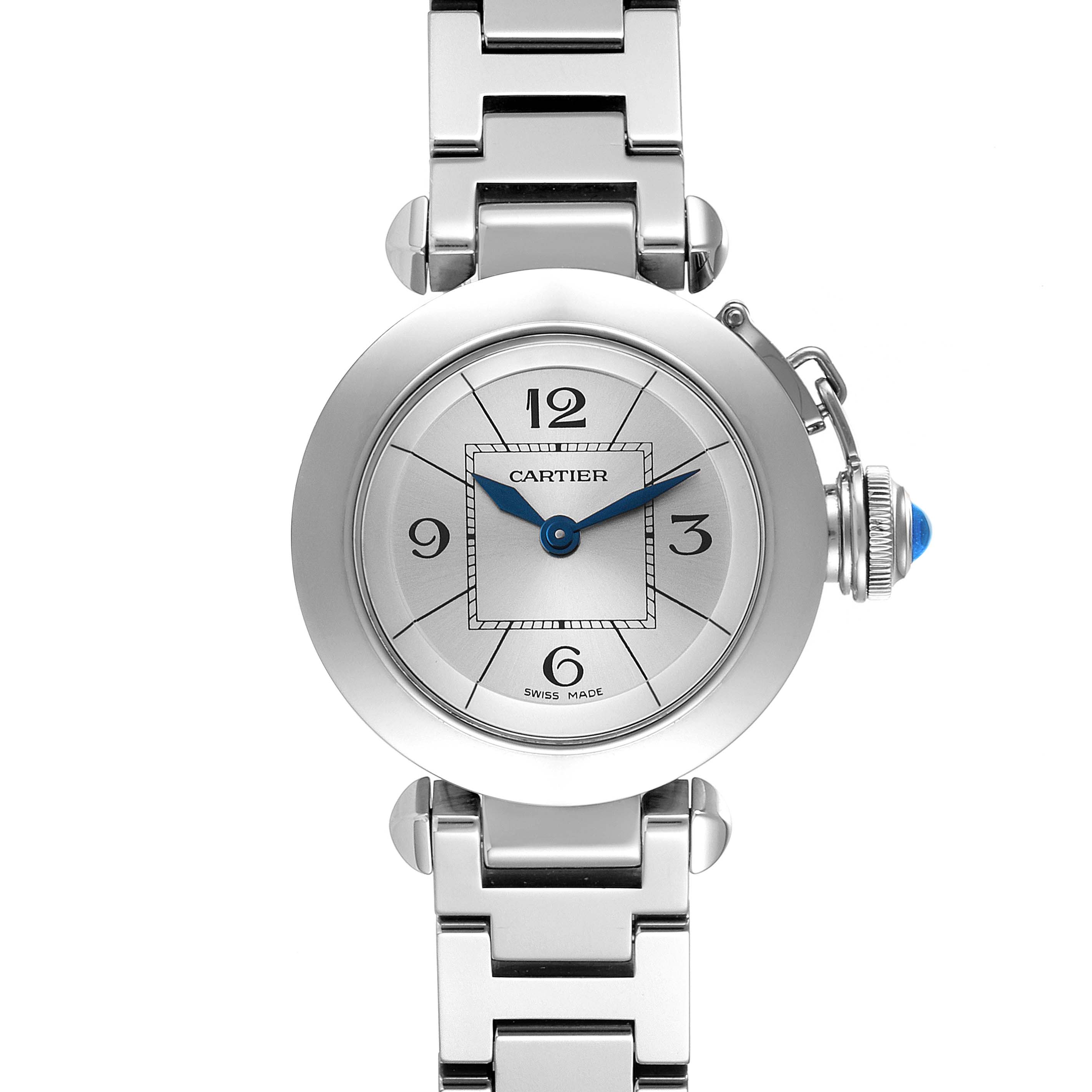 This image shows a front view of the Cartier Pasha W3140007 Women's Stainless Steel Silver Dial W3140007 Women's Stainless Steel Silver Dial watch, highlighting its round dial, hands, and metal bracelet.
