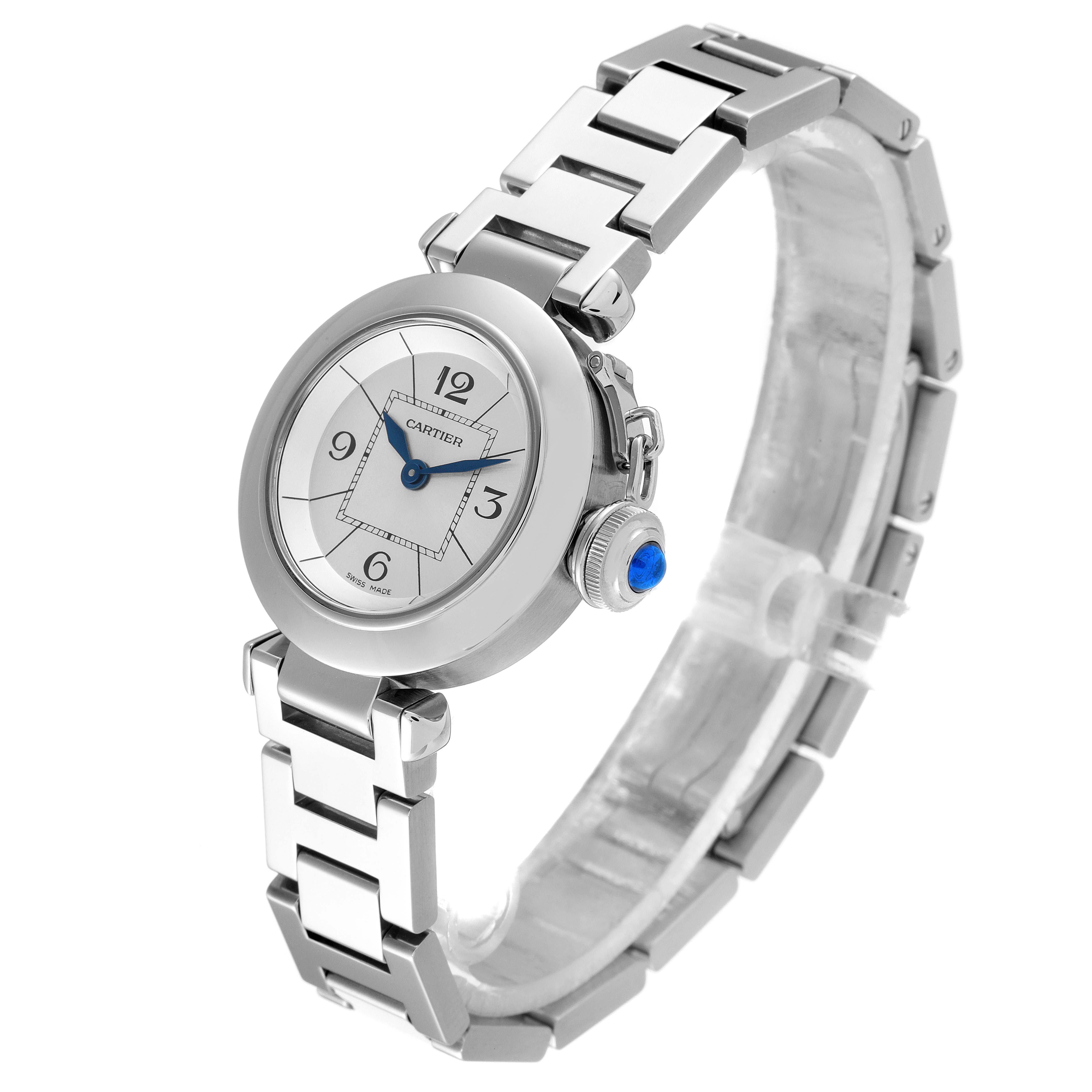 This image shows a Cartier Pasha W3140007 Women's Stainless Steel Silver Dial W3140007 Women's Stainless Steel Silver Dial watch at a slight diagonal, highlighting the face, blue hands, bracelet, and crown.