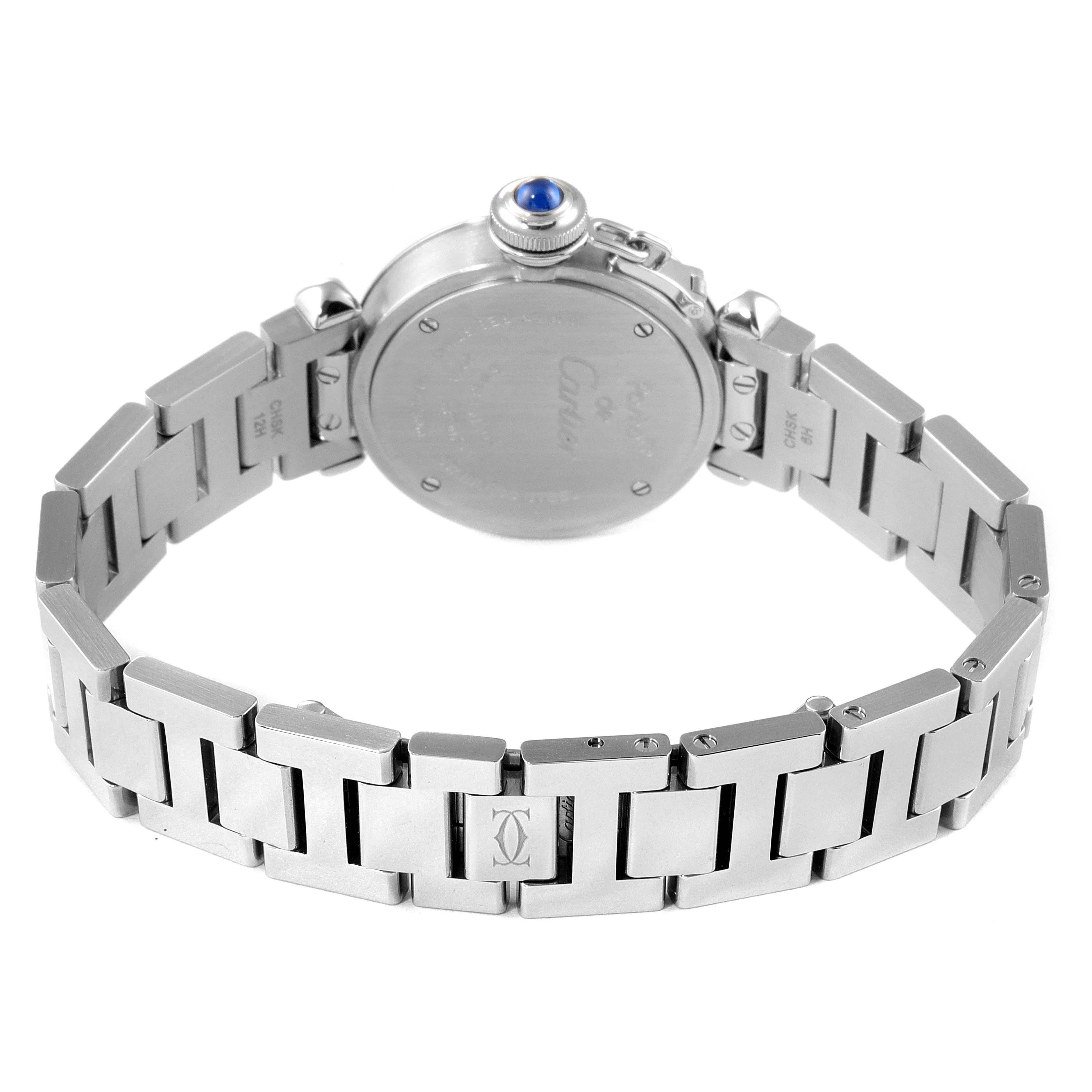 The image shows the back view of a Cartier Pasha W3140007 Women's Stainless Steel Silver Dial W3140007 Women's Stainless Steel Silver Dial watch, highlighting the case back and metal bracelet.