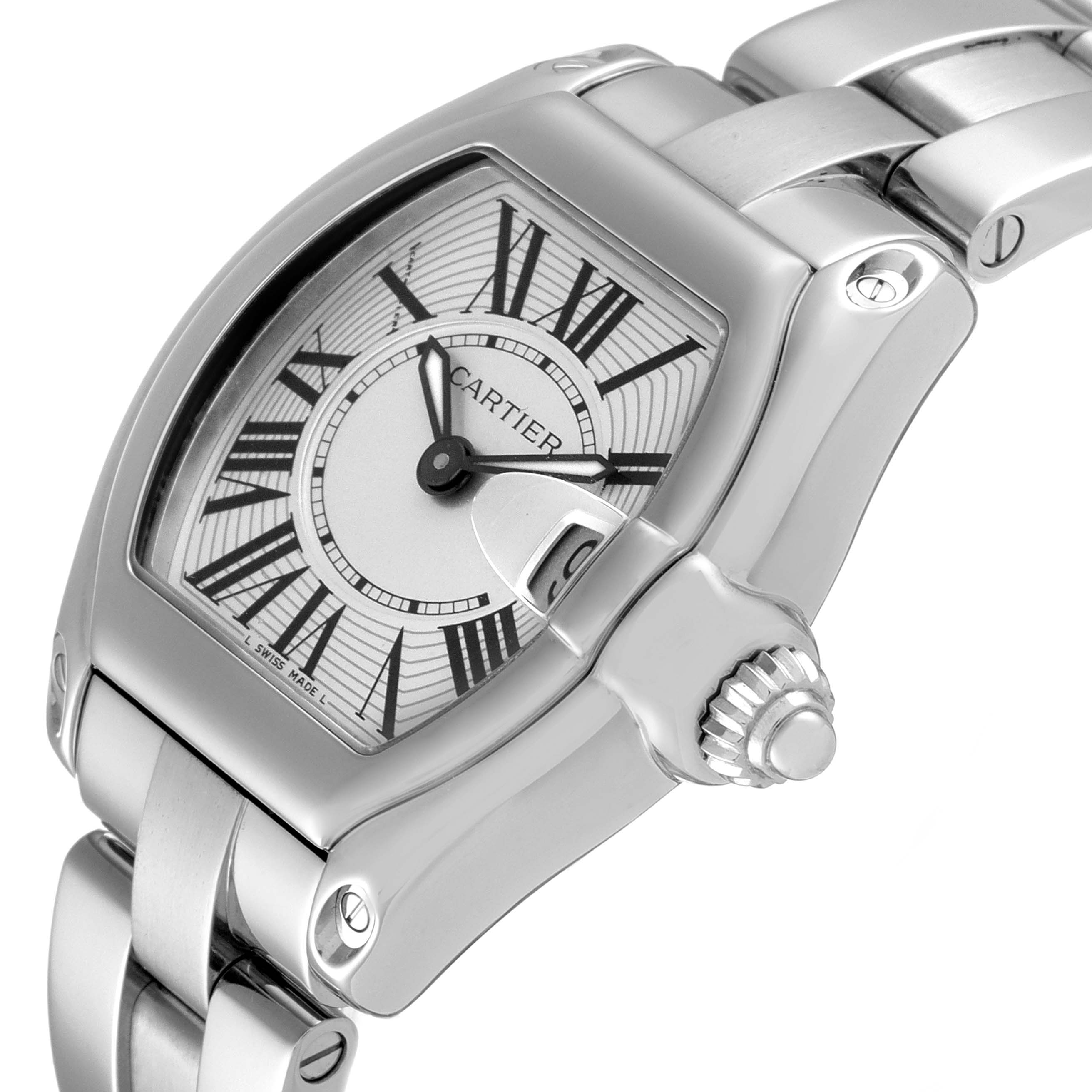 The Cartier Roadster W62016V3 Women's Stainless Steel Silver Dial W62016V3 Women's Stainless Steel Silver Dial watch is shown at an angled close-up, highlighting its dial, crown, and part of the bracelet.