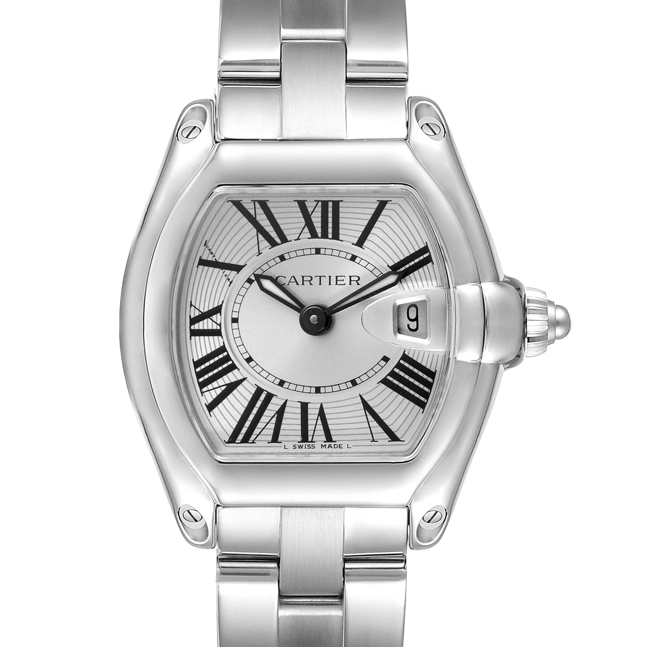 The image shows a frontal view of a Cartier Roadster W62016V3 Women's Stainless Steel Silver Dial W62016V3 Women's Stainless Steel Silver Dial watch, highlighting the face, crown, and part of the bracelet.