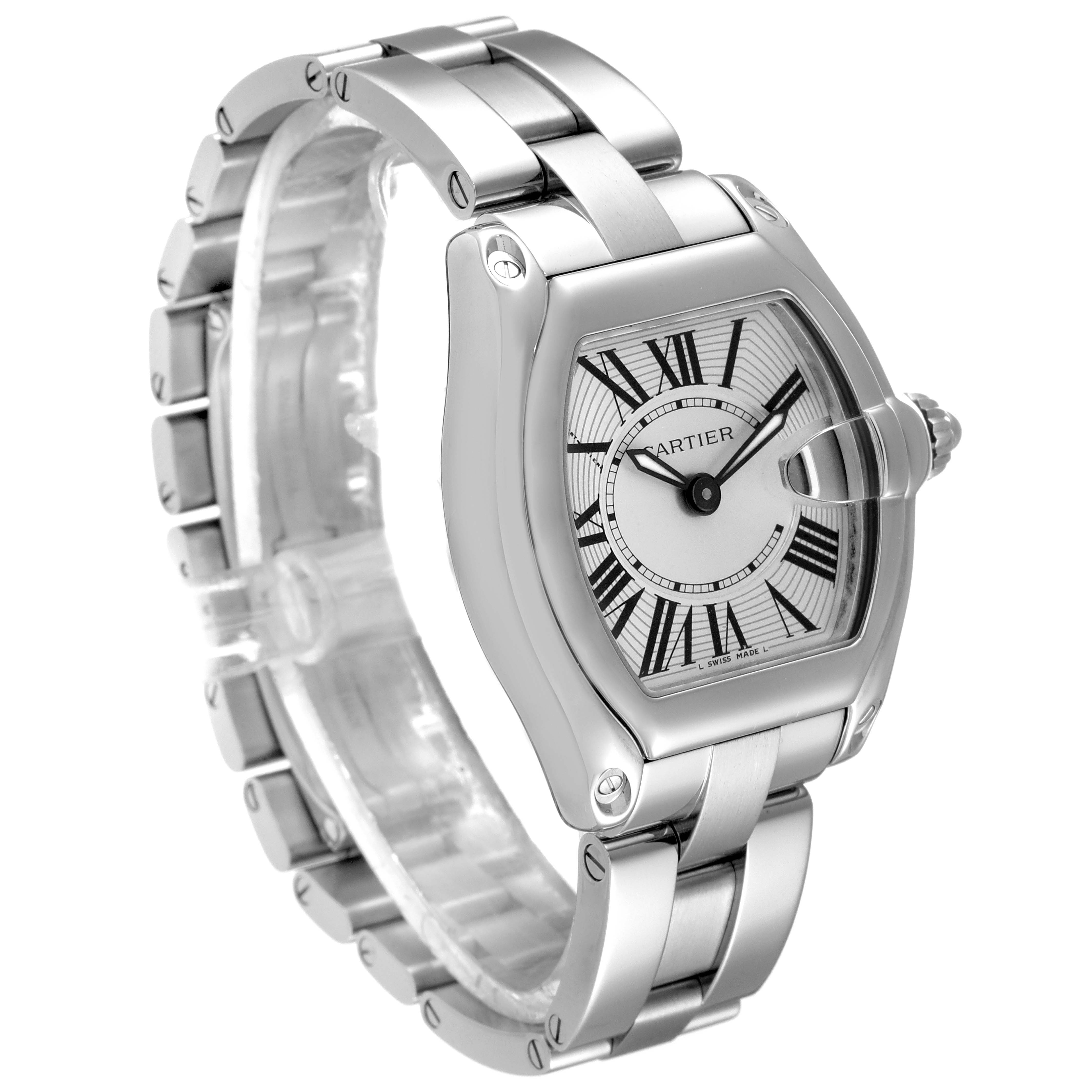 Side angle view of a Cartier Roadster W62016V3 Women's Stainless Steel Silver Dial W62016V3 Women's Stainless Steel Silver Dial watch displaying the bracelet, dial, and crown.