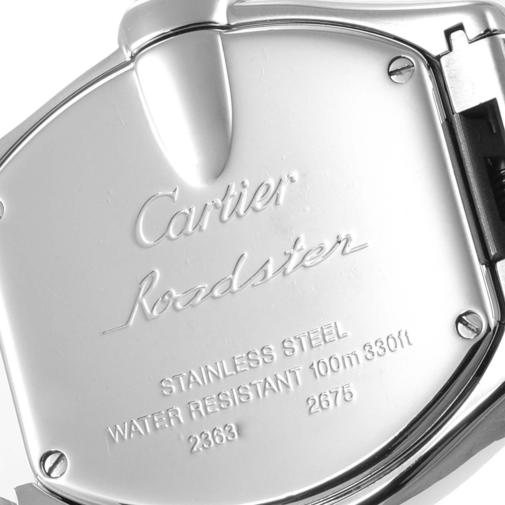 This image shows the stainless steel case back of the Cartier Roadster W62016V3 Women's Stainless Steel Silver Dial W62016V3 Women's Stainless Steel Silver Dial watch, displaying the brand and model name.