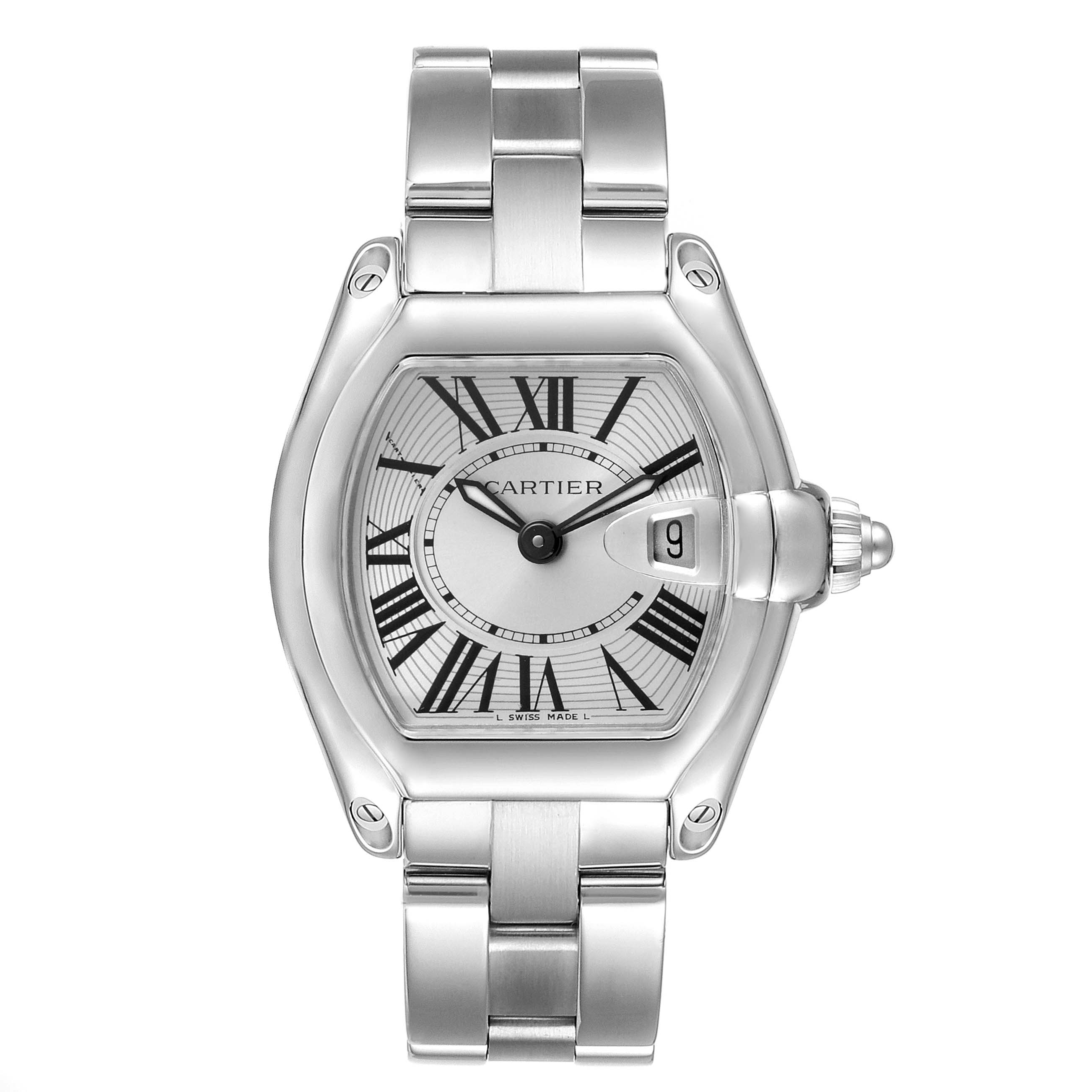 The image shows a front view of the Cartier Roadster W62016V3 Women's Stainless Steel Silver Dial W62016V3 Women's Stainless Steel Silver Dial watch, highlighting its dial, Roman numerals, and stainless steel bracelet.