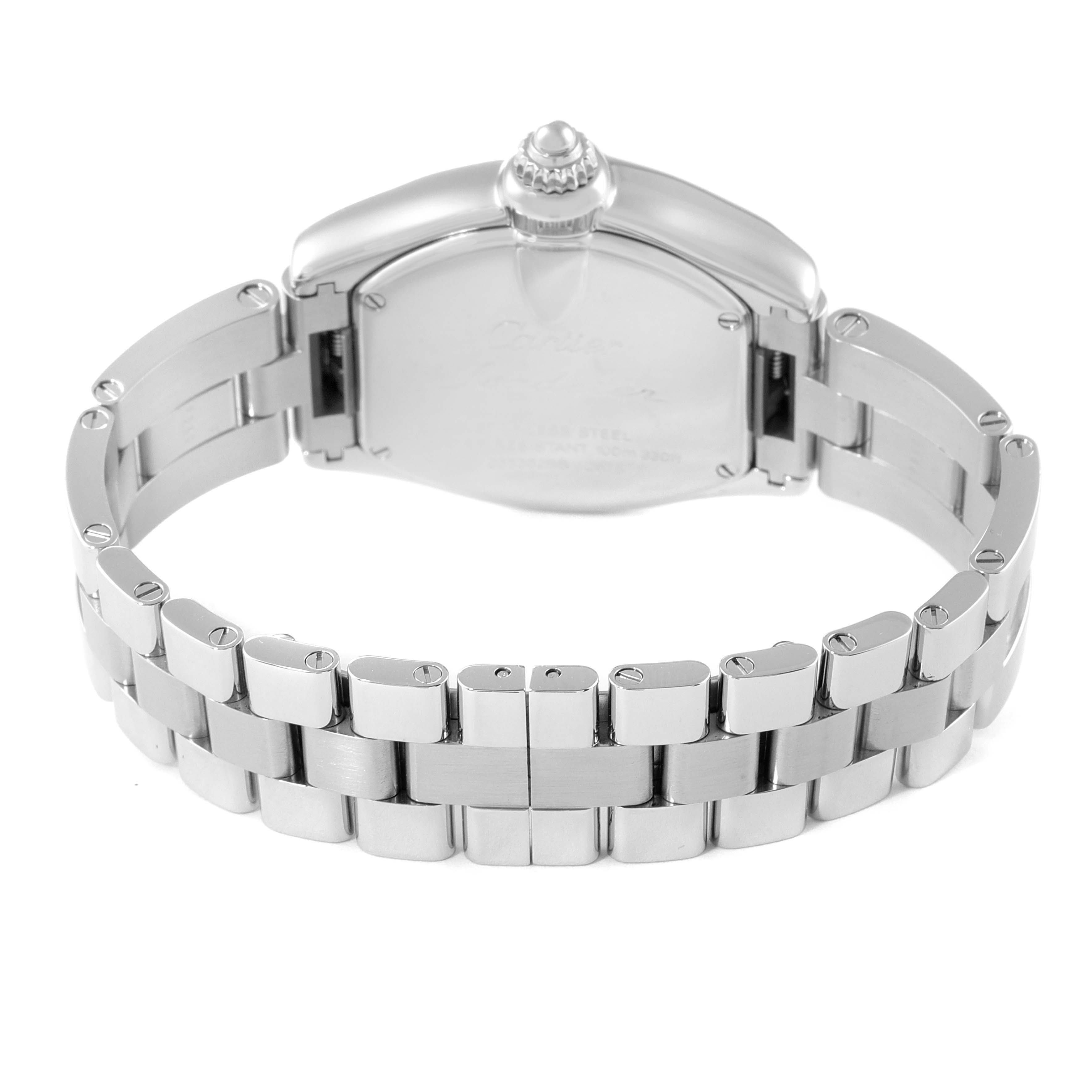 The image shows the back case and bracelet of a Cartier Roadster W62016V3 Women's Stainless Steel Silver Dial W62016V3 Women's Stainless Steel Silver Dial watch from a rear angle.