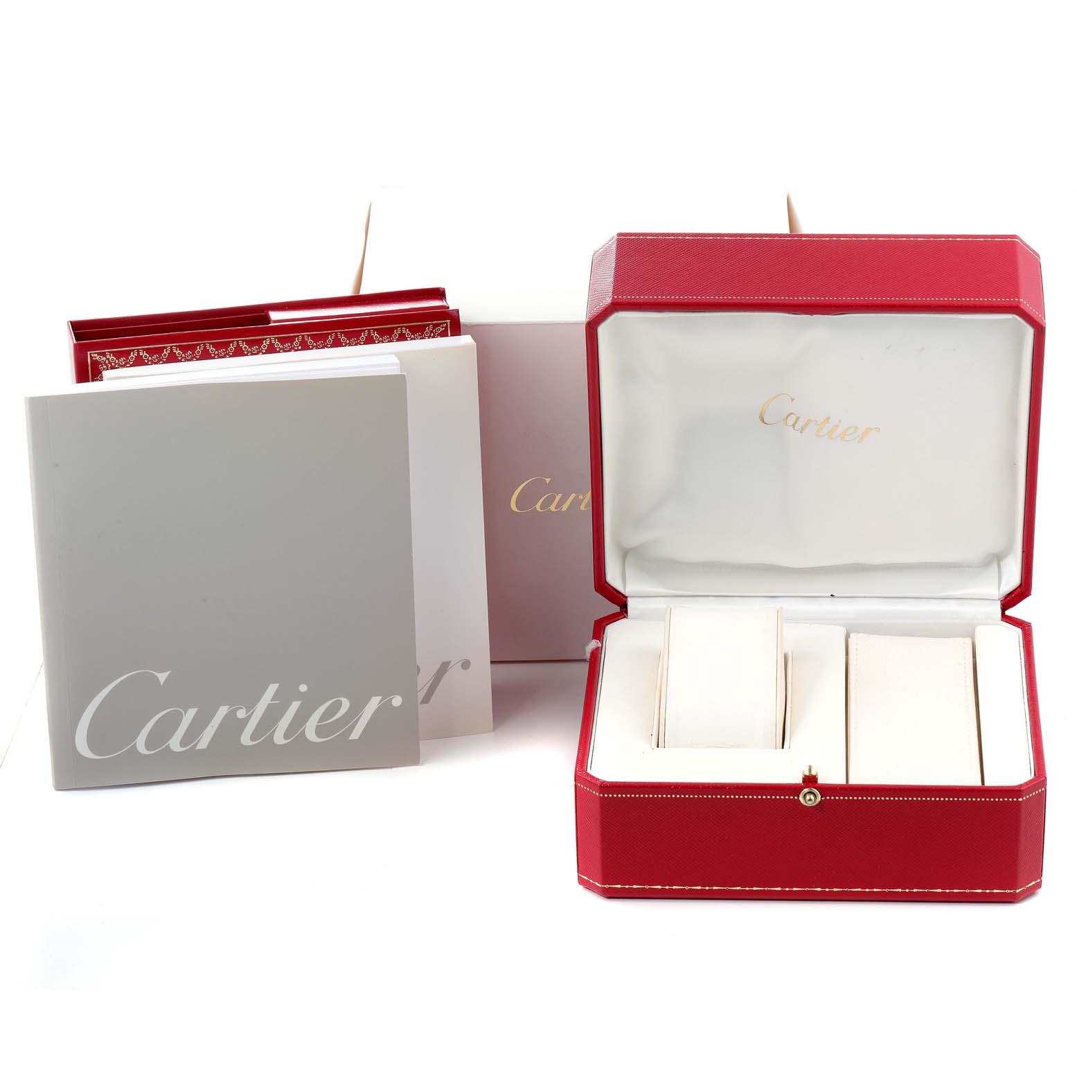 The image shows the box and accessories of the Cartier Roadster W62016V3 Women's Stainless Steel Silver Dial W62016V3 Women's Stainless Steel Silver Dial watch, including instruction booklets and the red watch case.