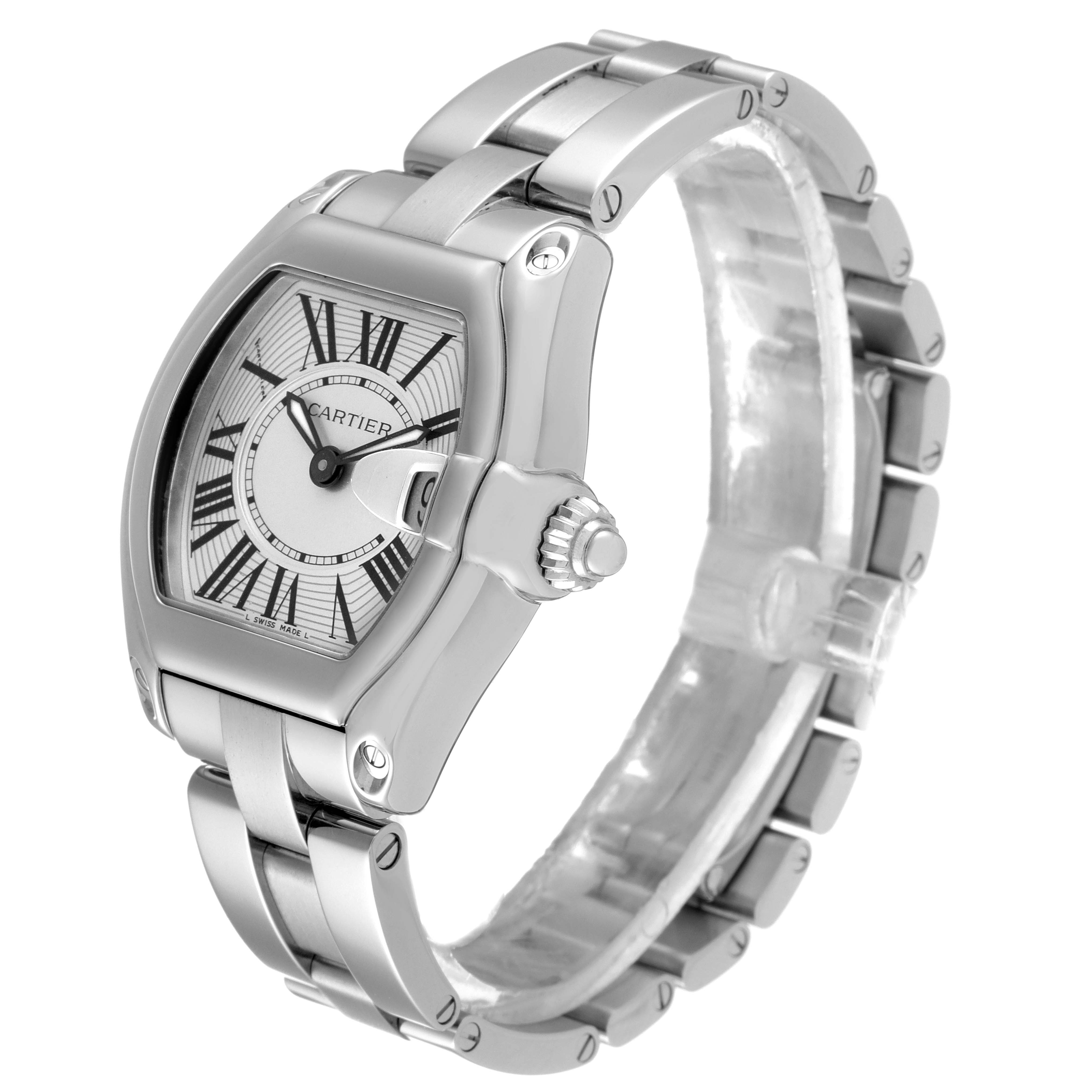 The Cartier Roadster W62016V3 Women's Stainless Steel Silver Dial W62016V3 Women's Stainless Steel Silver Dial watch is shown from an angled perspective highlighting the face, crown, and metal bracelet.
