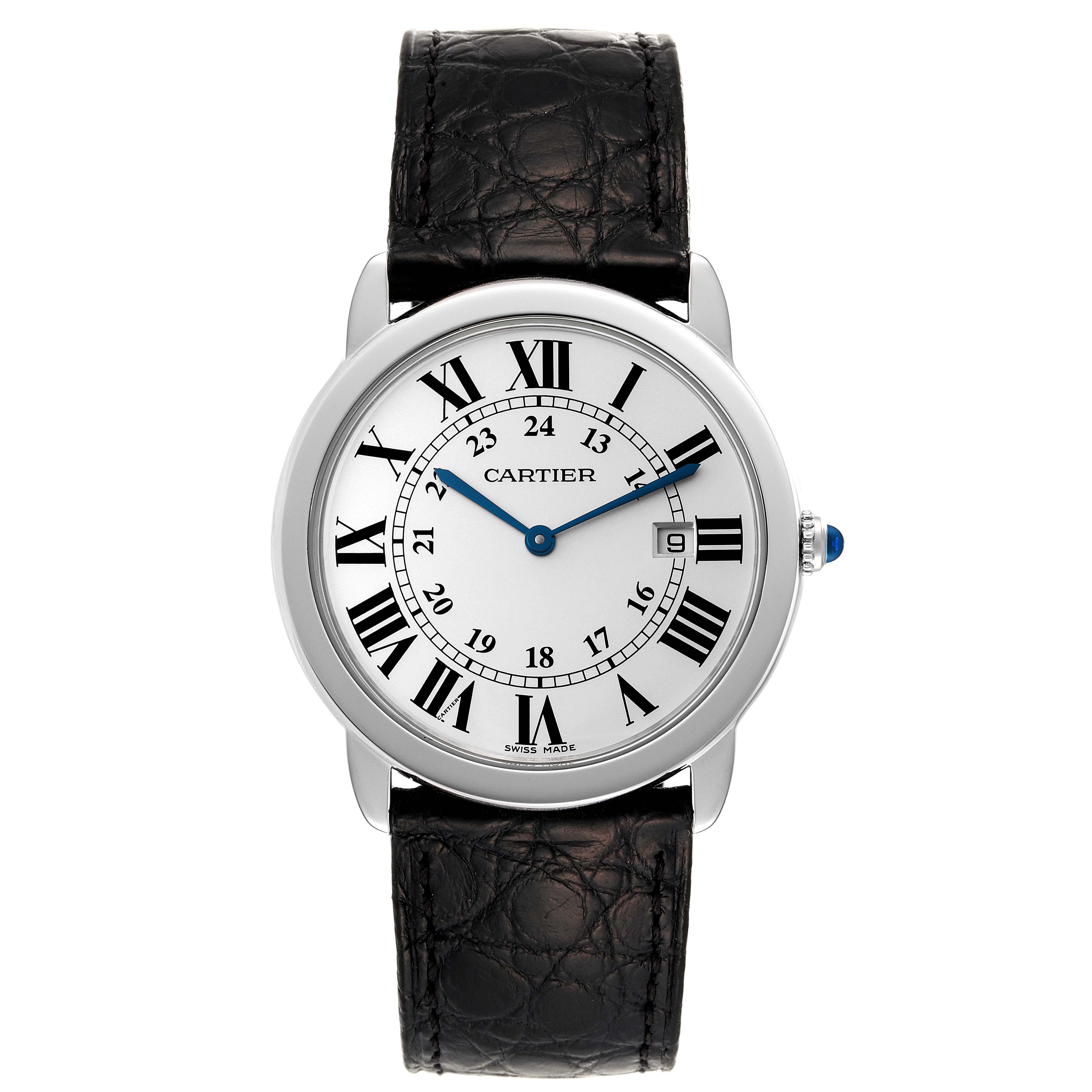 The Cartier Ronde W6700255 Men's Stainless Steel Silver Dial W6700255 Men's Stainless Steel Silver Dial watch is shown from the front, displaying its Roman numeral dial, date window, and black leather strap.