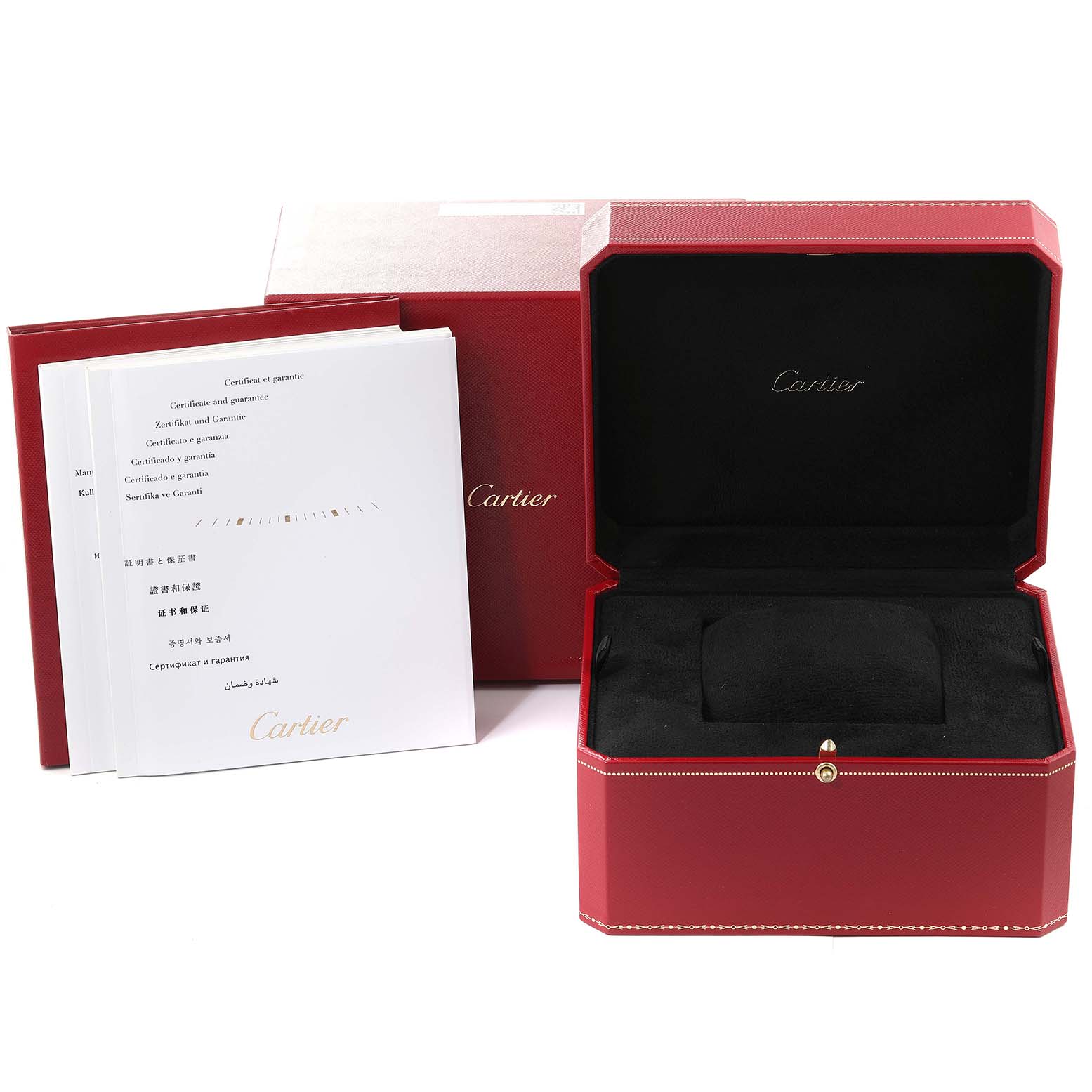 The image shows a Cartier Ronde W6700255 Men's Stainless Steel Silver Dial W6700255 Men's Stainless Steel Silver Dial watch box, alongside warranty booklets and documentation.