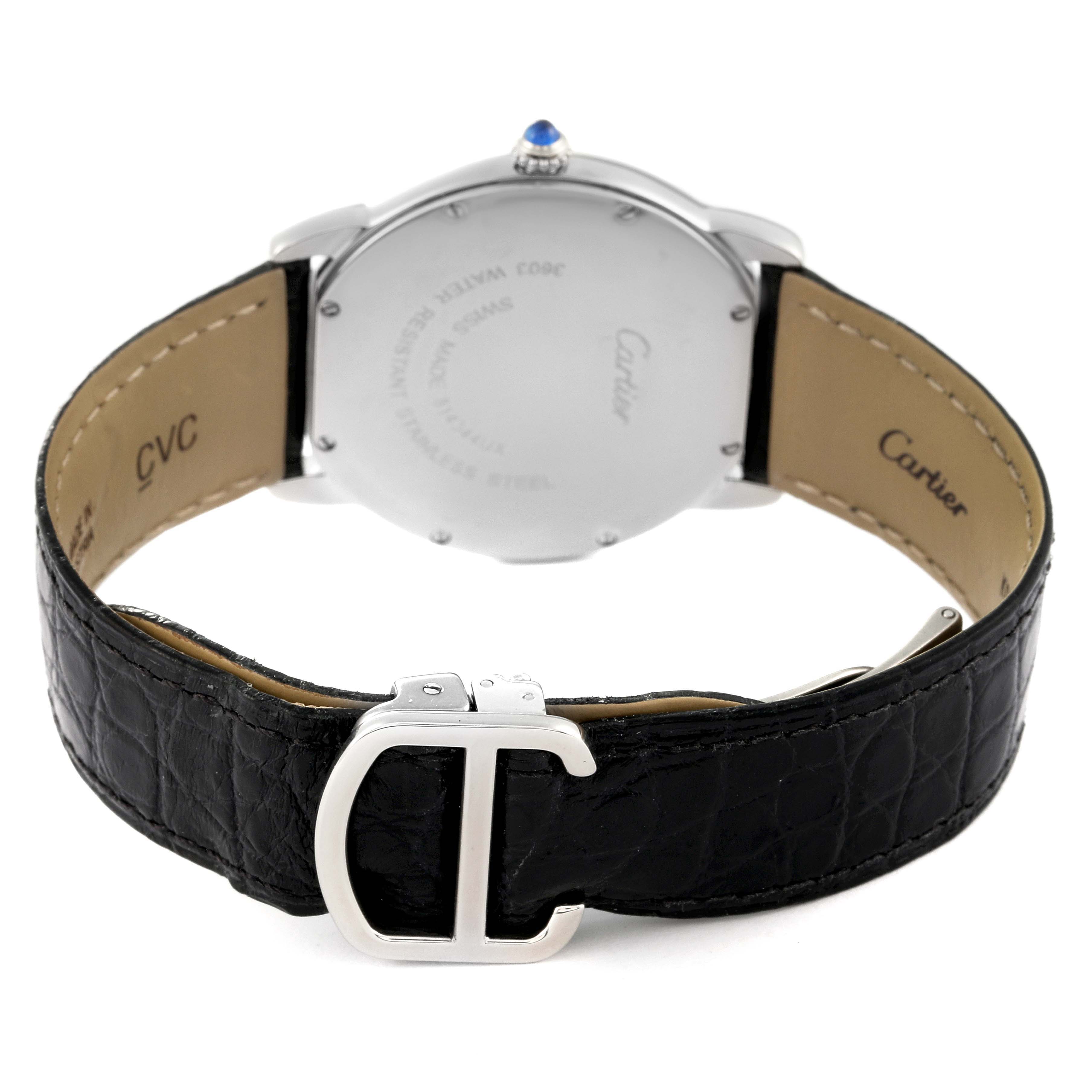 The image shows the back of a Cartier Ronde W6700255 Men's Stainless Steel Silver Dial W6700255 Men's Stainless Steel Silver Dial watch, highlighting the case back and leather strap with a buckle.