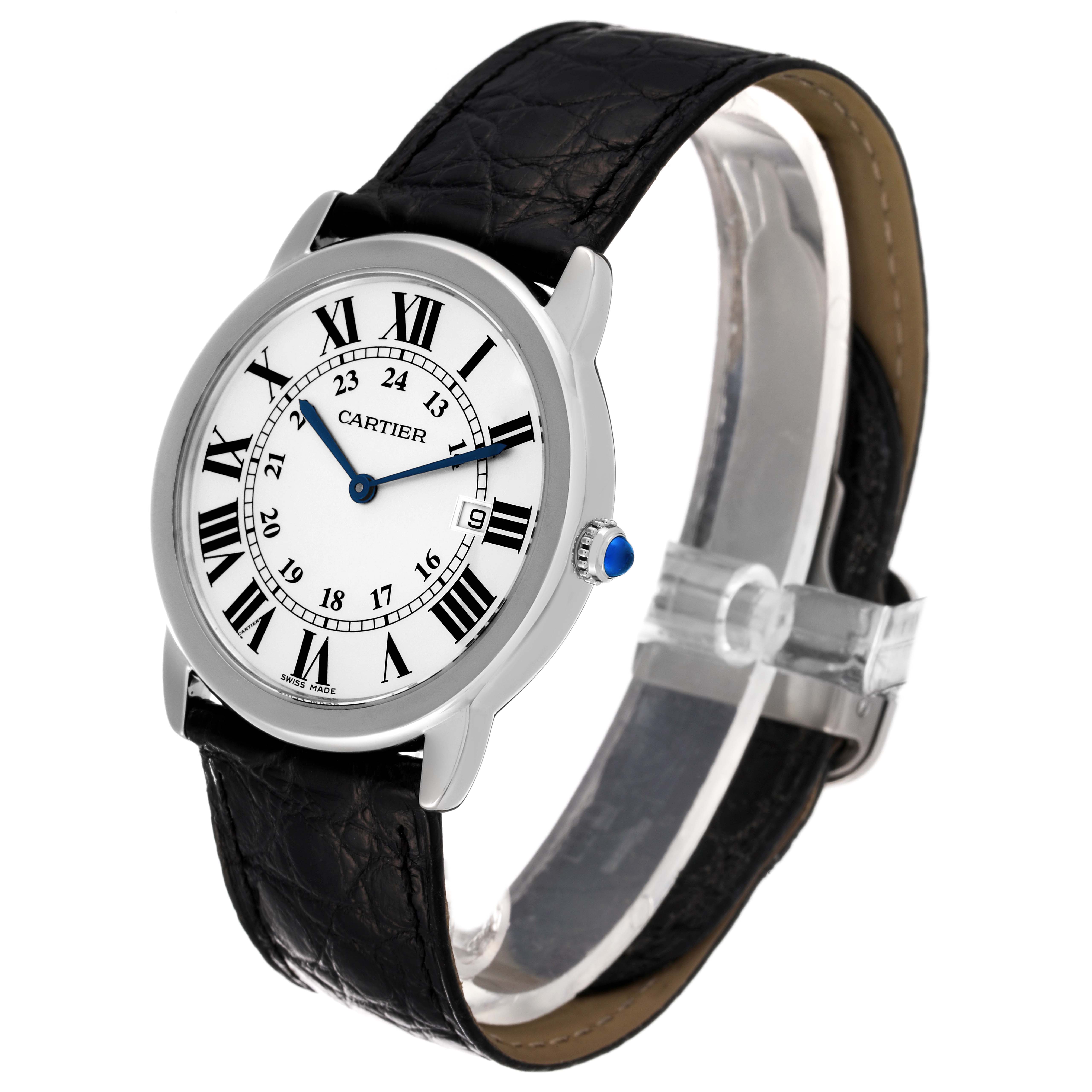 The Cartier Ronde W6700255 Men's Stainless Steel Silver Dial W6700255 Men's Stainless Steel Silver Dial model watch is shown at an angled view, displaying its dial, black leather strap, and crown with a blue gemstone.