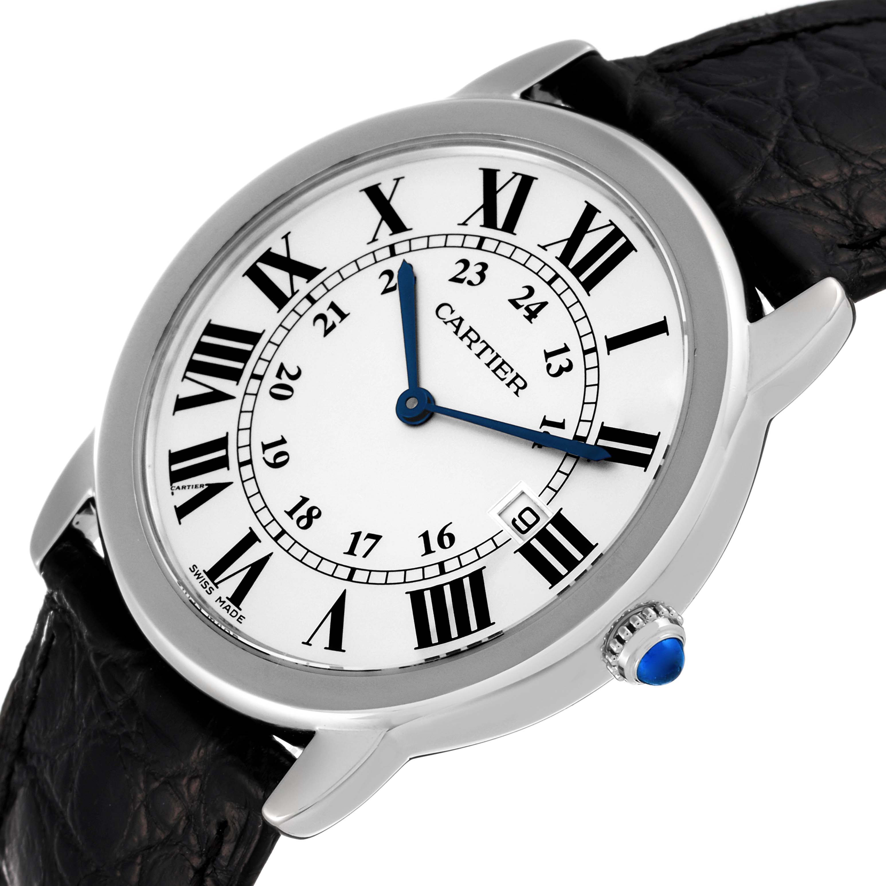 The Ronde model by Cartier is shown at an angle highlighting the face, Roman numerals, blue hands, date window, and leather strap.