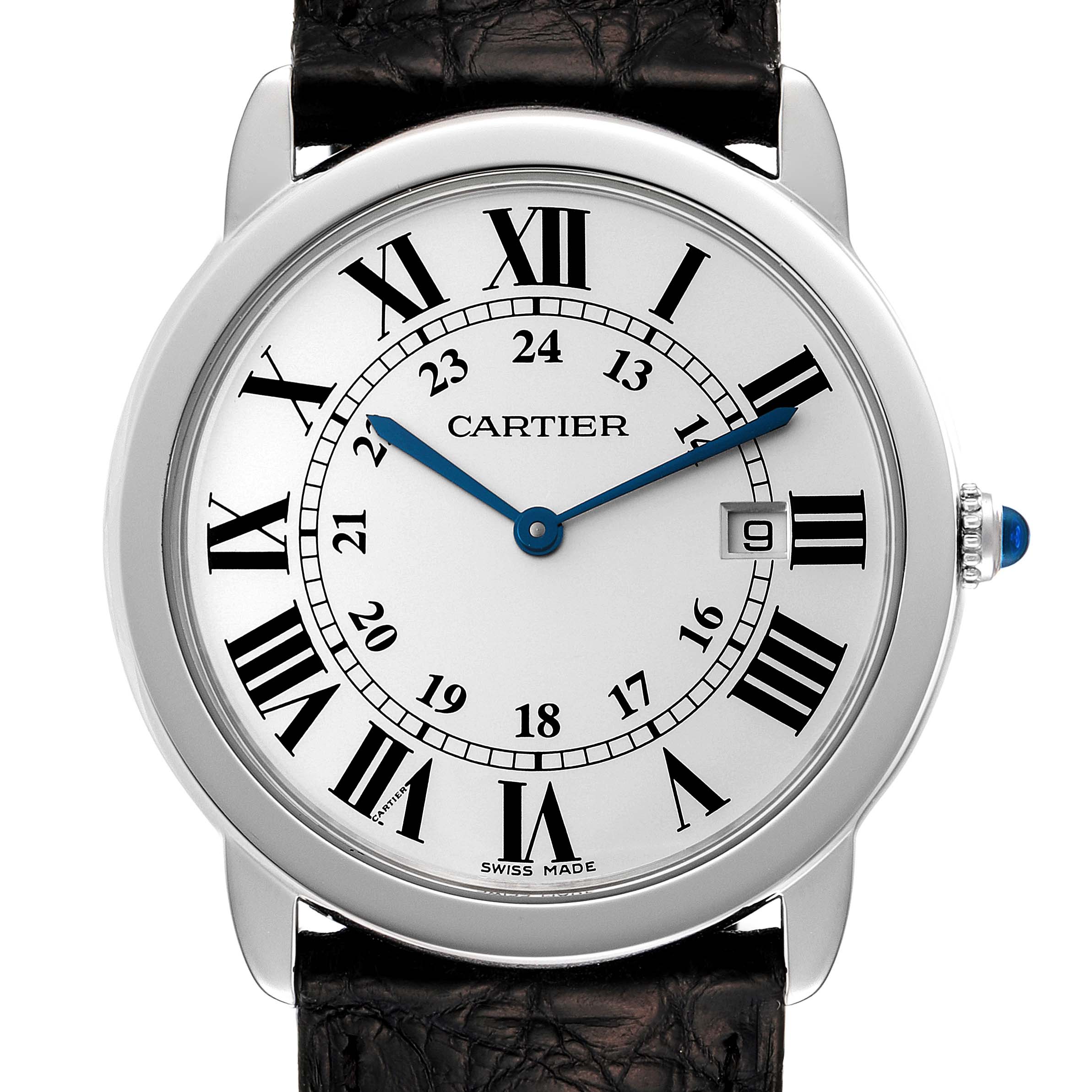 This image shows a front view of the Cartier Ronde W6700255 Men's Stainless Steel Silver Dial W6700255 Men's Stainless Steel Silver Dial model watch, displaying its face, numerals, and date window.