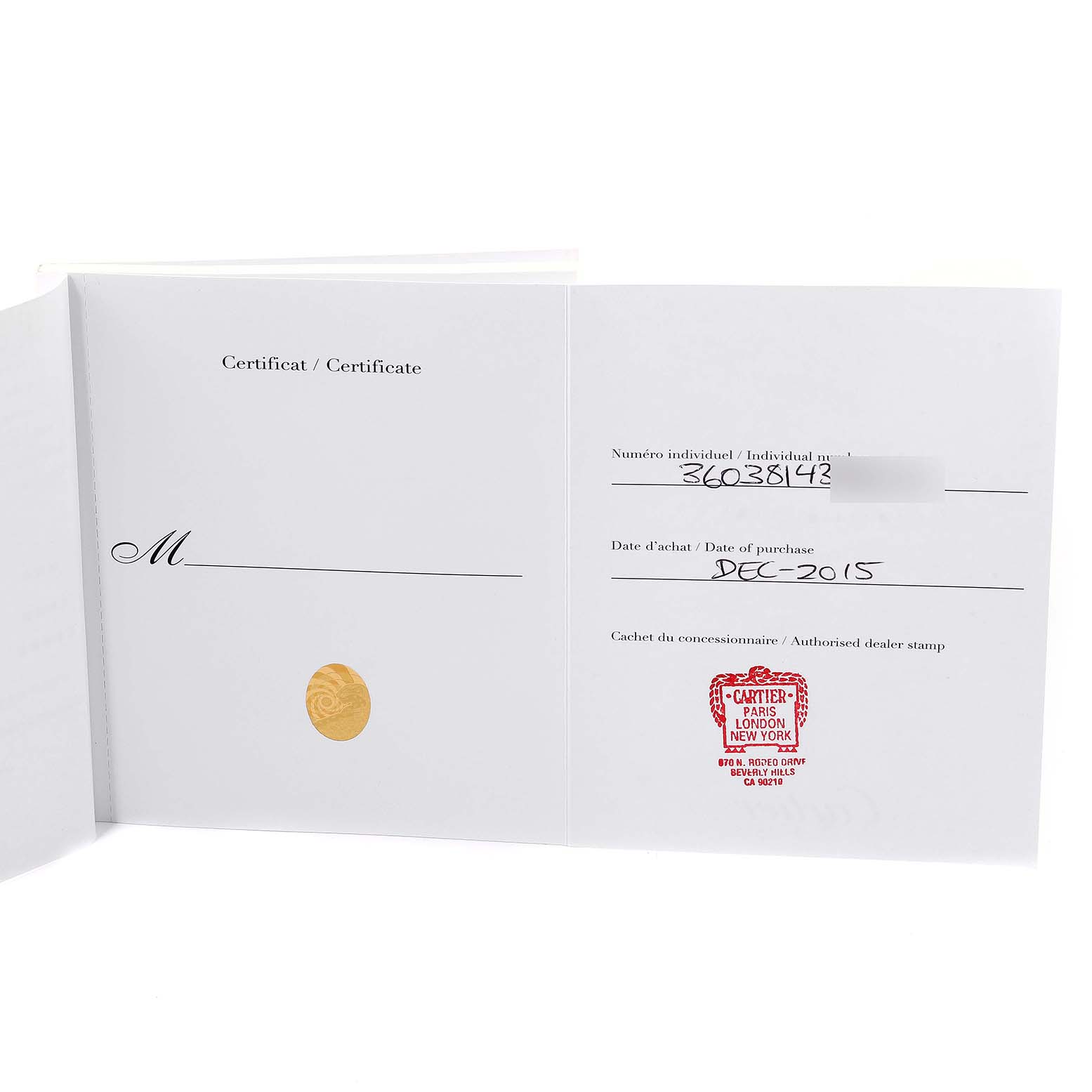 The image shows the certificate and warranty card for the Ronde model by Cartier, with purchase details and dealer stamp visible.