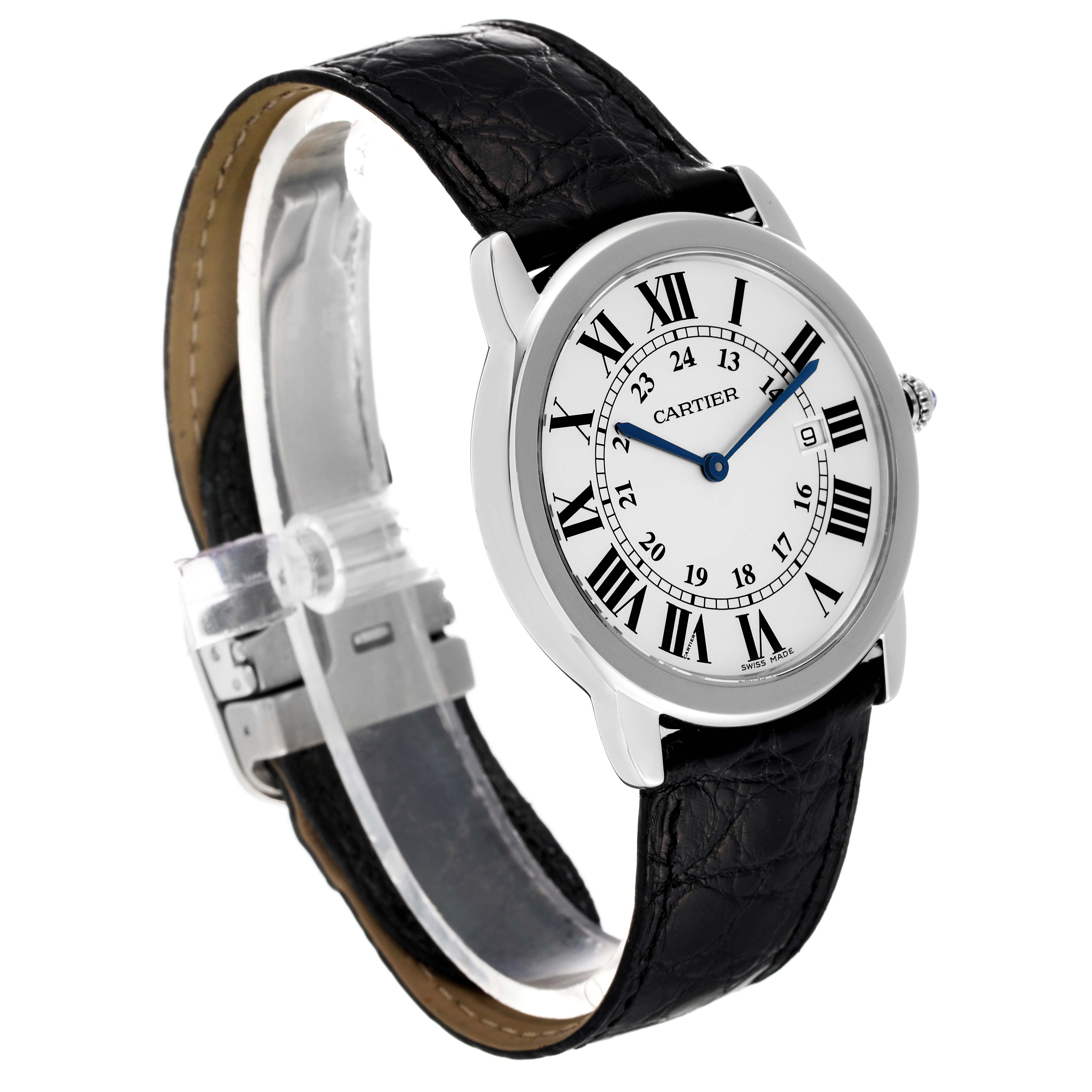 The Ronde model by Cartier is shown at a 3/4 angle, highlighting its face, bezel, crown, and black leather strap.