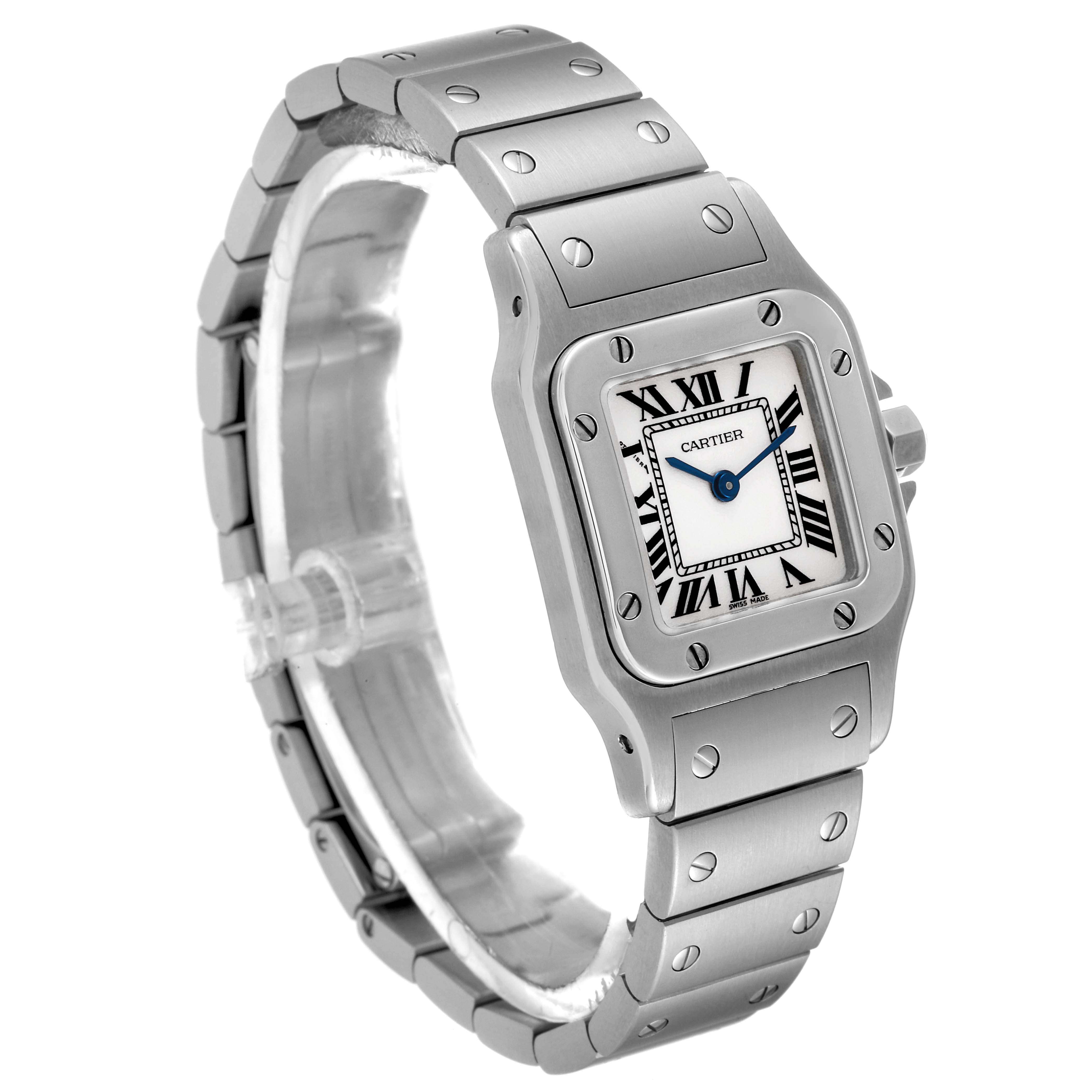 The Cartier Santos W20056D6 Women's Stainless Steel Silver Dial W20056D6 Women's Stainless Steel Silver Dial watch is shown at a three-quarter angle displaying the face, bezel, and bracelet.