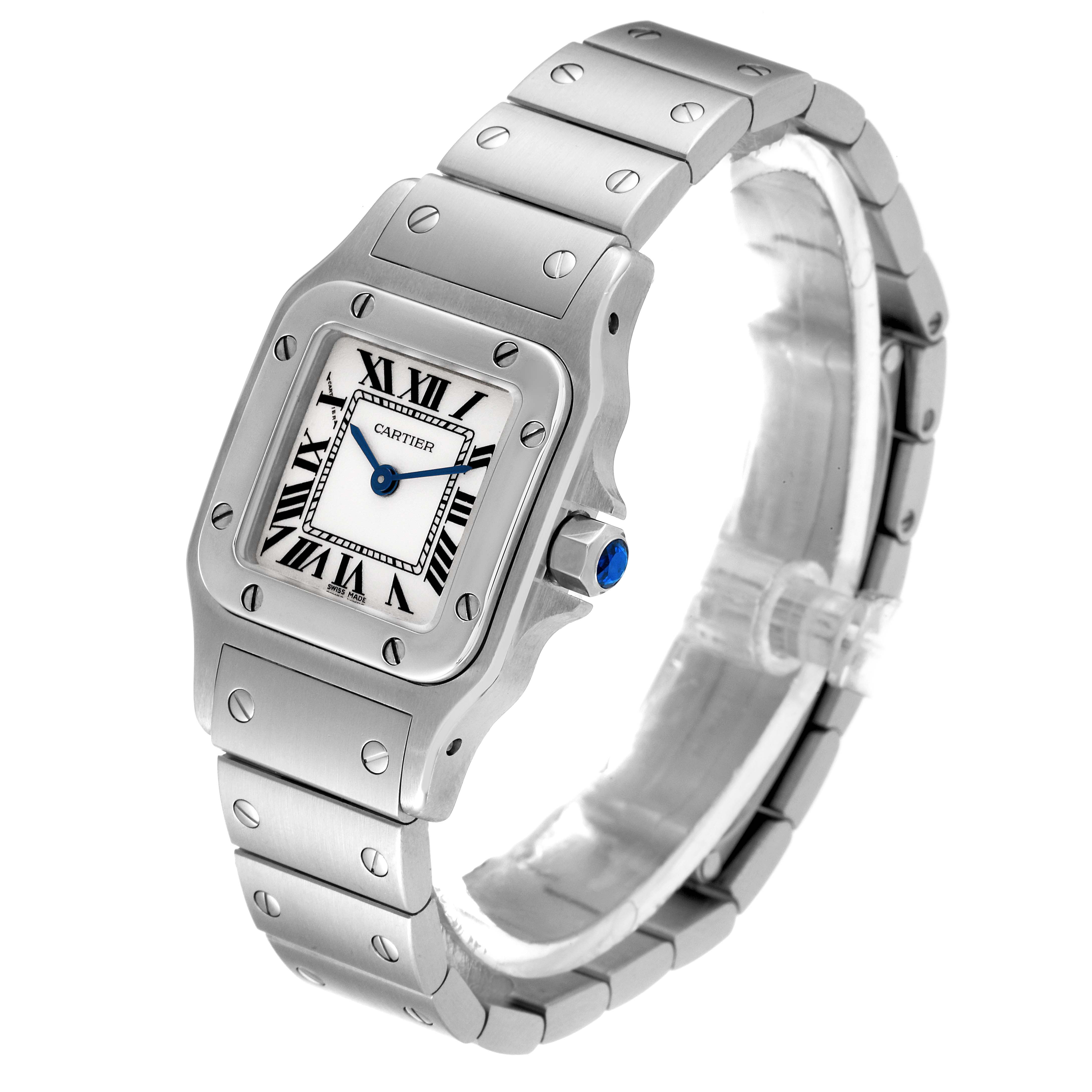 The image shows a Santos model watch by Cartier, angled to highlight the face, bezel, and bracelet.