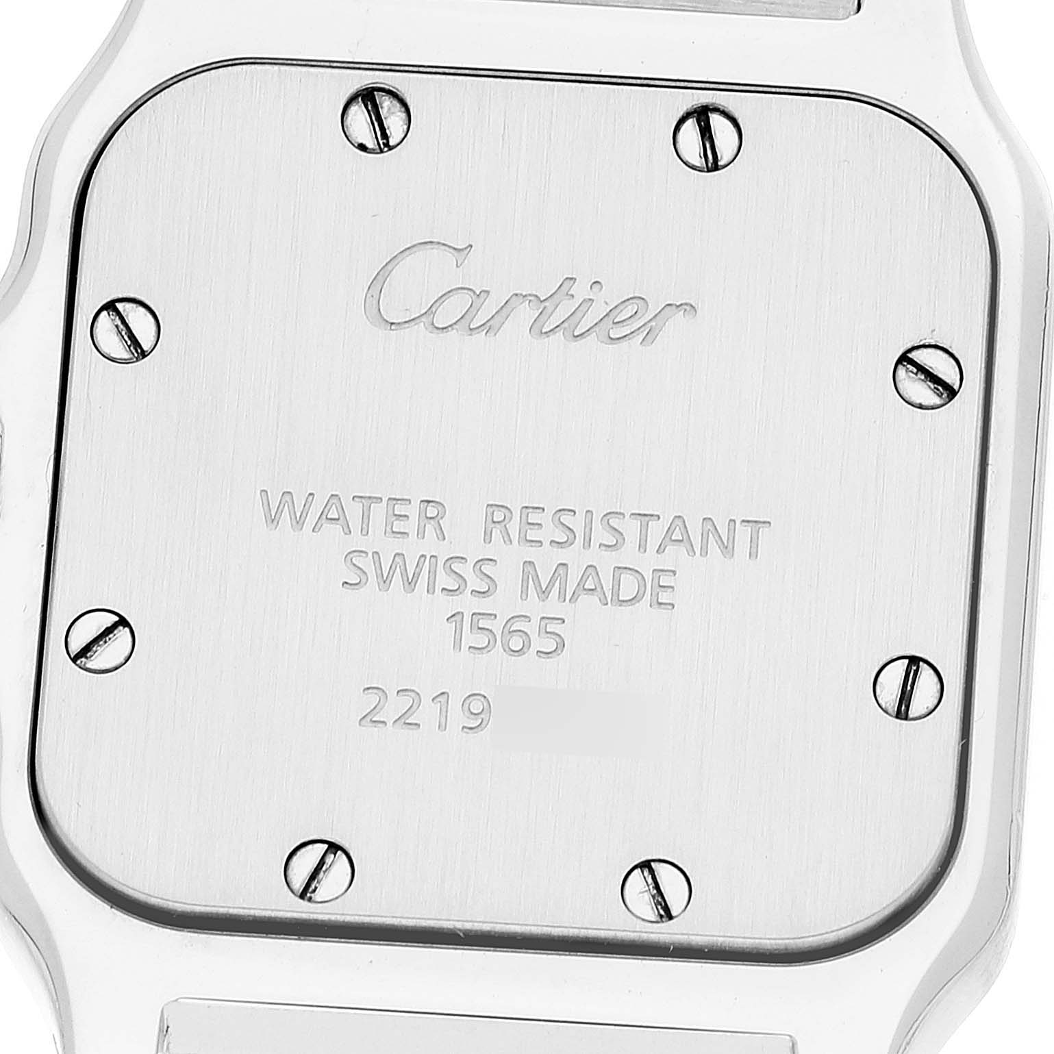 This image shows the back case of a Cartier Santos W20056D6 Women's Stainless Steel Silver Dial W20056D6 Women's Stainless Steel Silver Dial watch, displaying the brand name, water resistance, and model details.