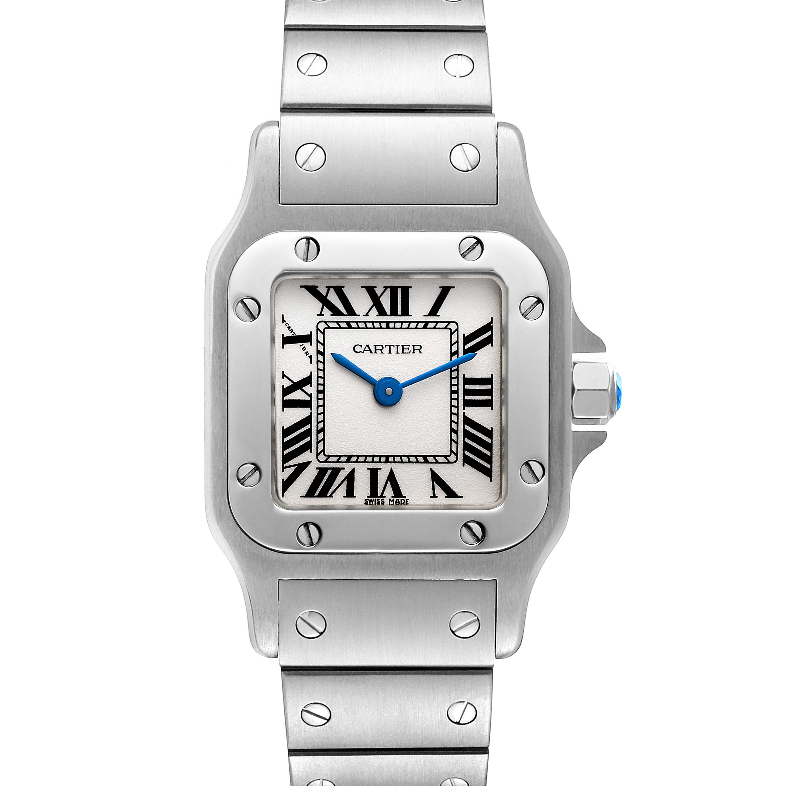 The image shows a frontal view of a Cartier Santos W20056D6 Women's Stainless Steel Silver Dial W20056D6 Women's Stainless Steel Silver Dial watch, featuring a square bezel, blue hands, Roman numerals, and a metal bracelet.