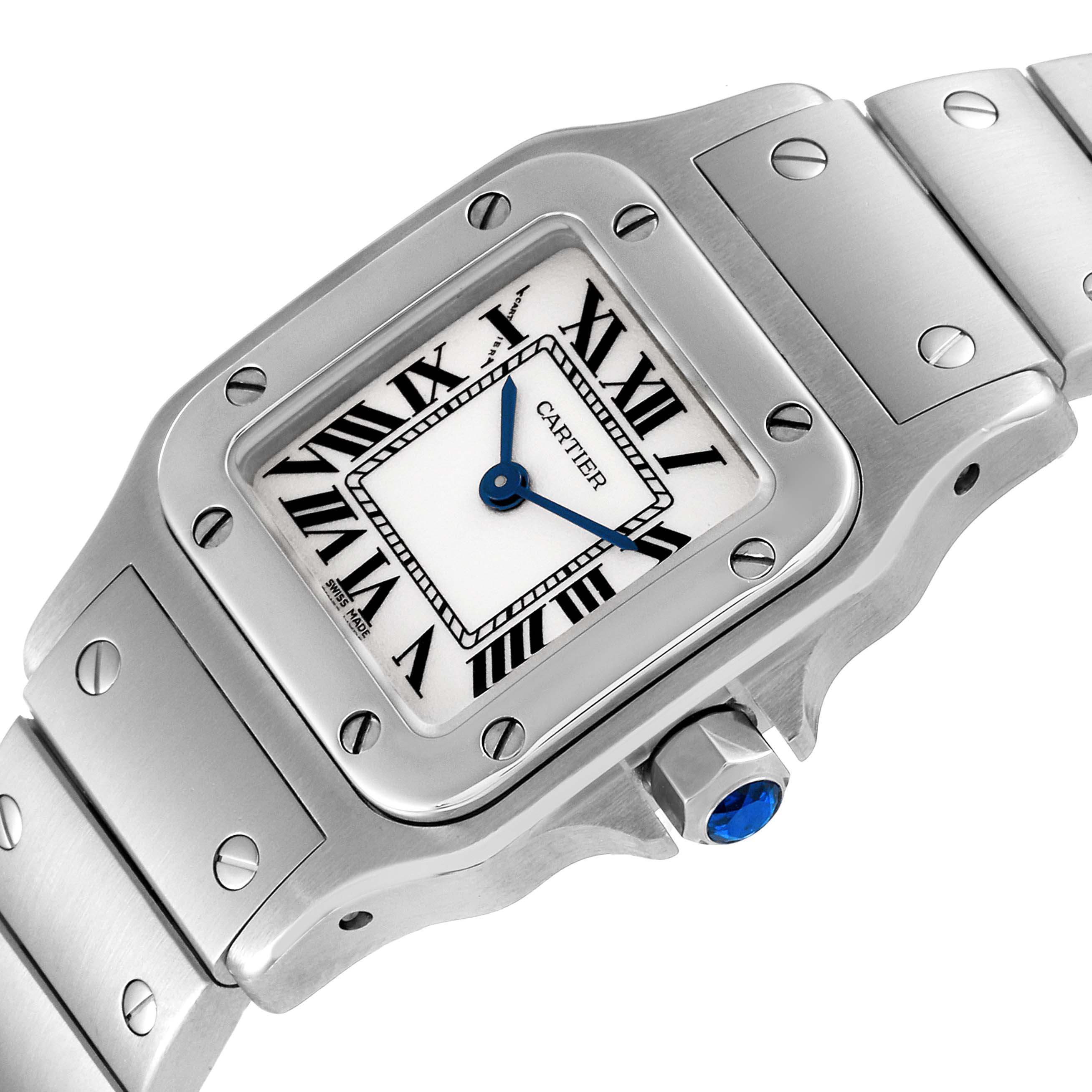 The image shows a close-up of the Santos model by Cartier, highlighting the dial, stainless steel case, and part of the bracelet.