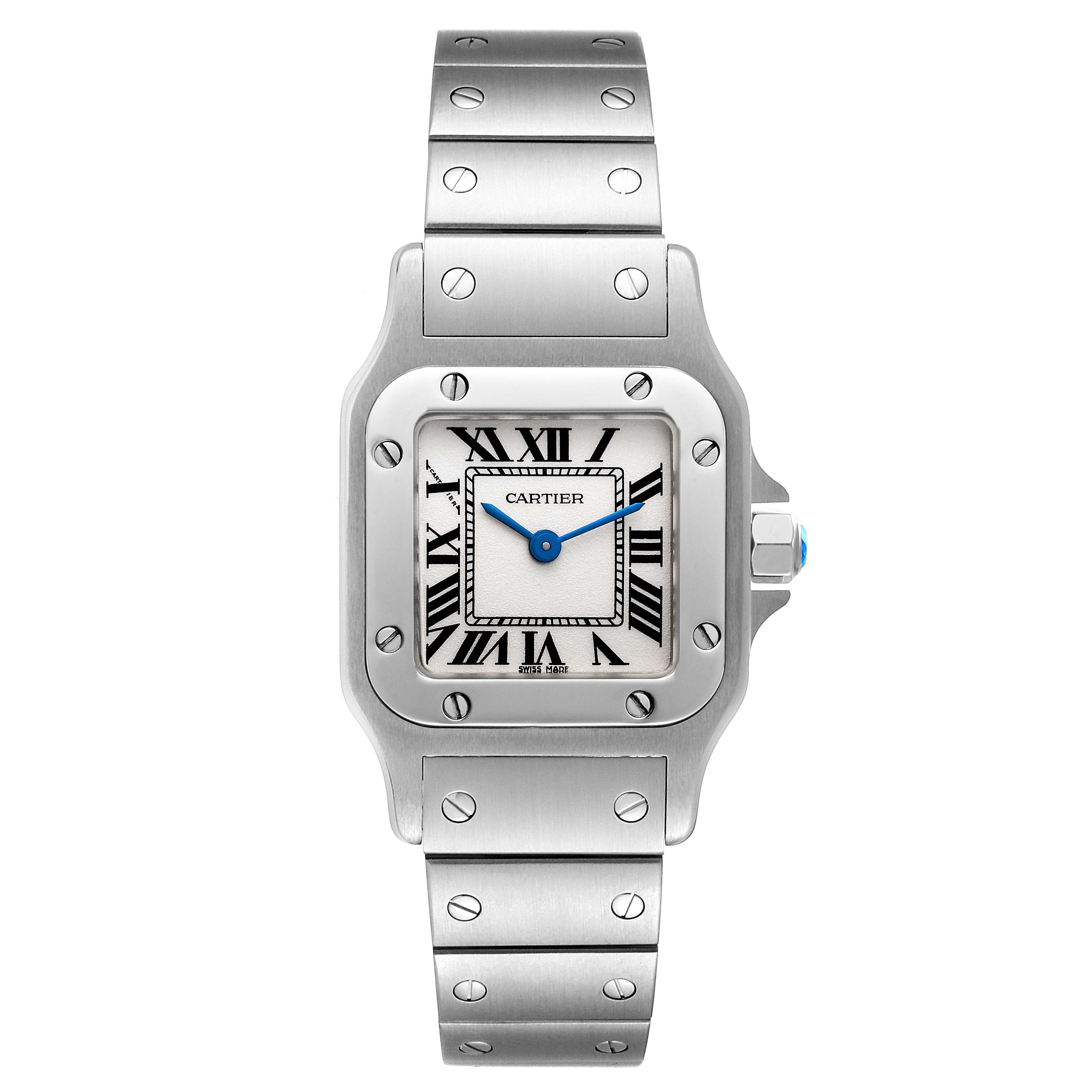 The Cartier Santos W20056D6 Women's Stainless Steel Silver Dial W20056D6 Women's Stainless Steel Silver Dial watch is shown from a front angle, displaying its face, bezel, and bracelet.